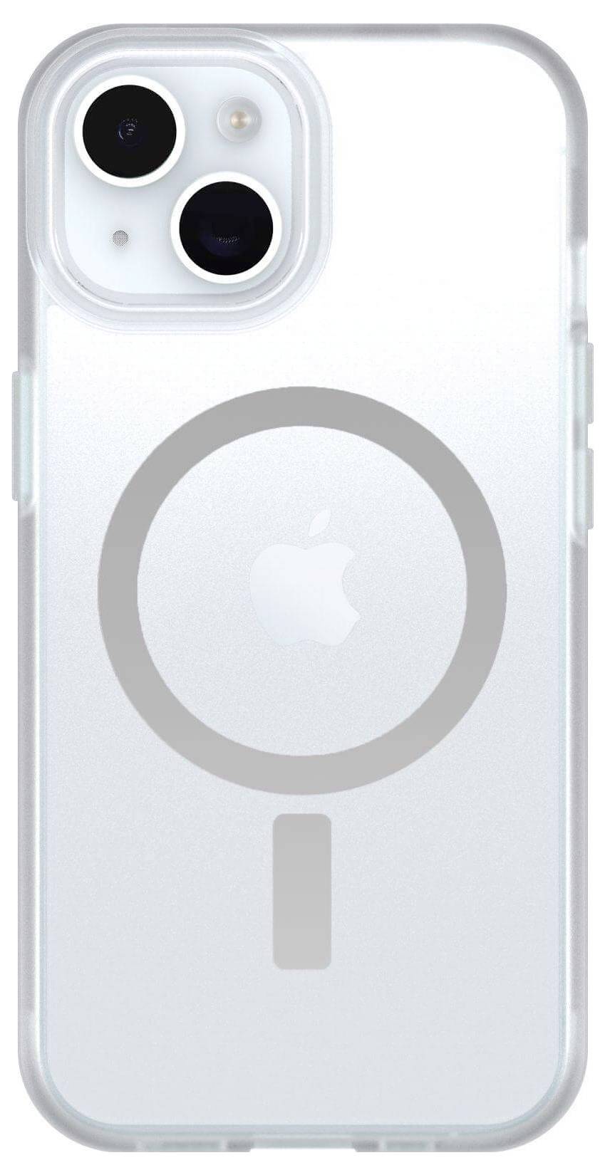 Un étui de smartphone transparent avec un design circulaire à l'arrière, adapté à un modèle doté de deux objectifs de caméra.