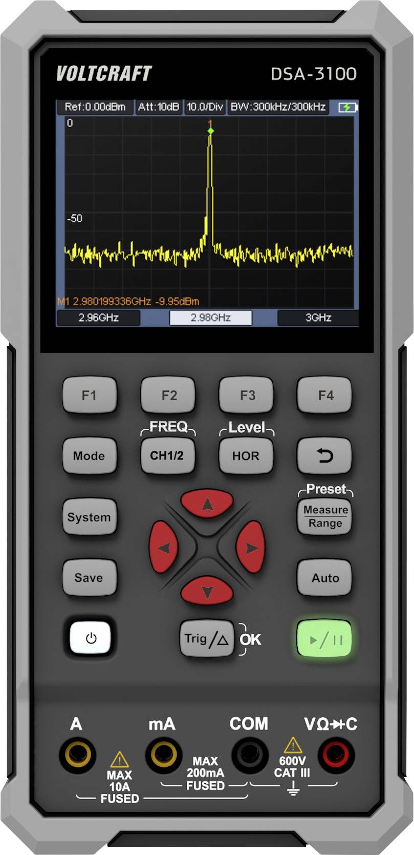 Un analyseur de spectre portable doté d'un écran affichant un graphique de fréquence, avec des commandes étiquetées pour les réglages de fréquence, d'amplitude et de déclenchement.