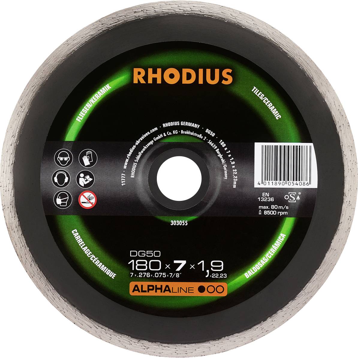 Disque de coupe RHODIUS pour carrelage/céramique, DG50, 180x7x1,9 mm. Avertissements : protection des yeux, protection auditive et protection des mains requises.
