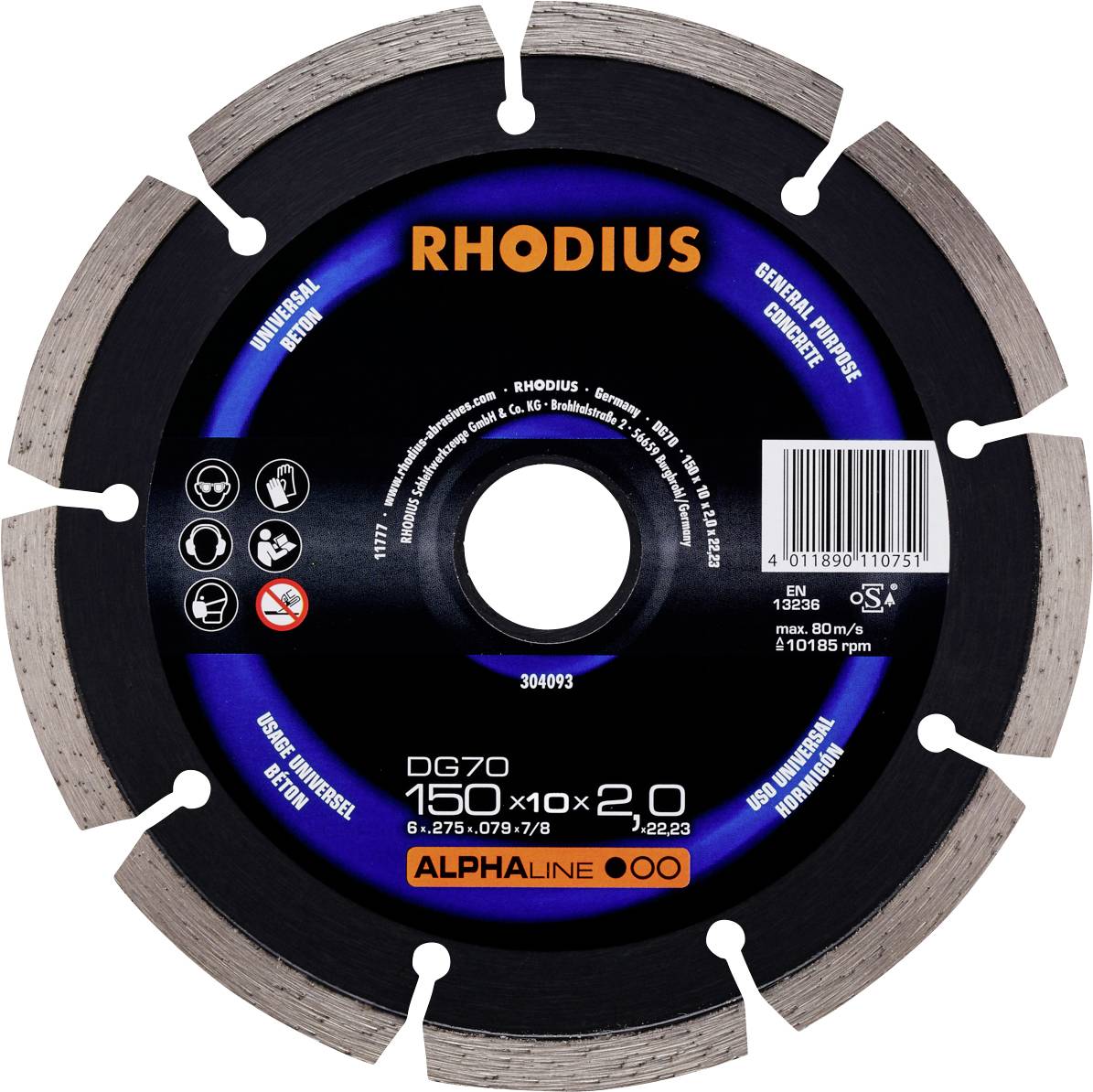 Disque diamanté RHODIUS de 150 mm de diamètre, modèle DG70, adapté pour le béton et le granit, polyvalent, emballage bleu.