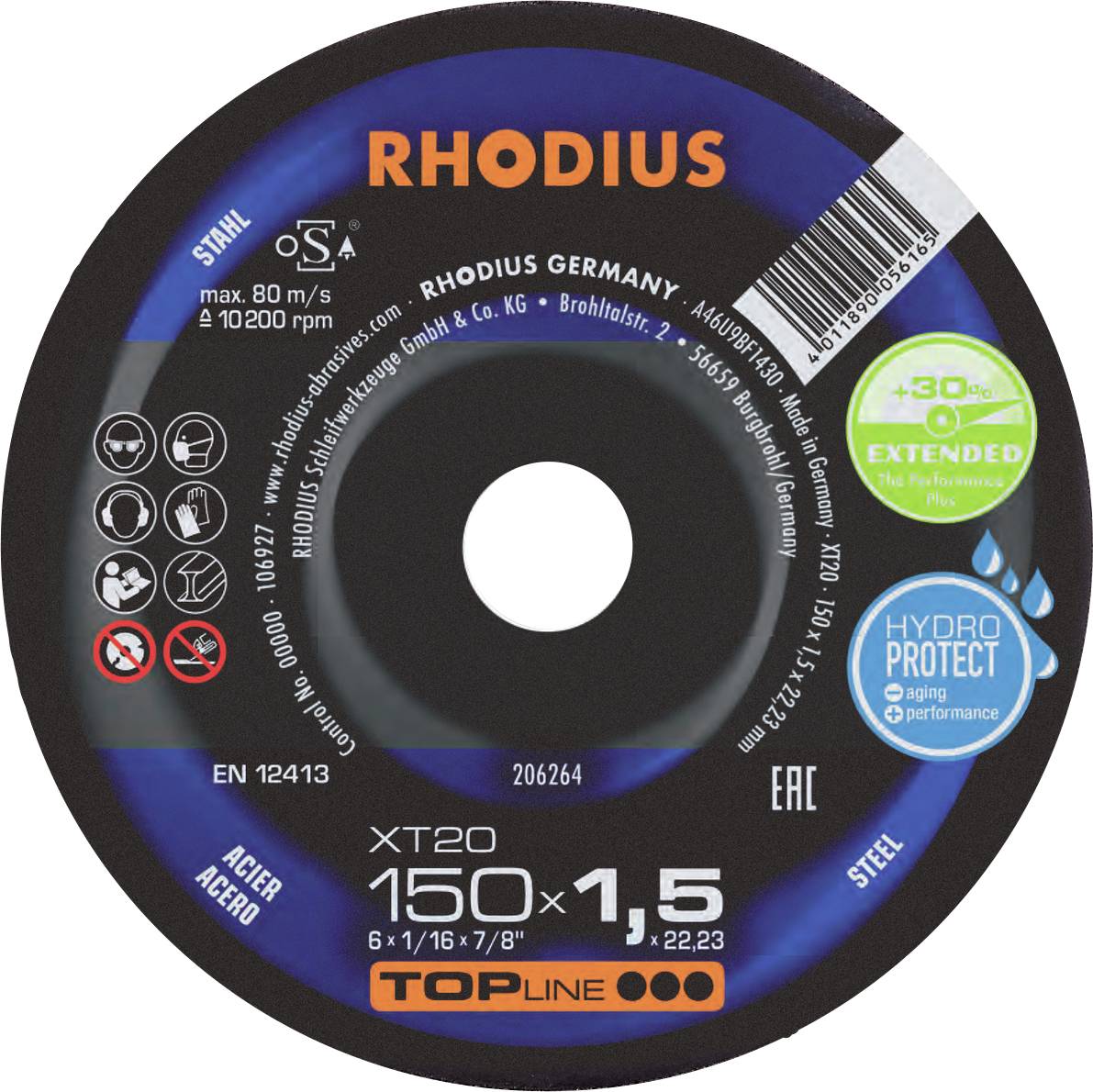 Disque à tronçonner Rhodius, modèle XT20, diamètre 150 mm, épaisseur 1,5 mm. Adapté pour l'acier. Marquages : EN 12413, Hydro Protect.