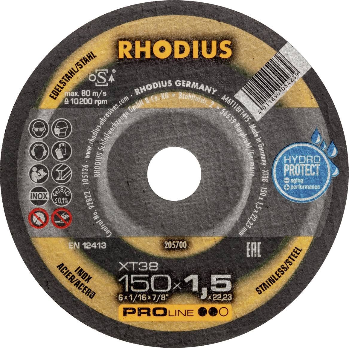 Disque à tronçonner Rhodius pour acier inoxydable, dimension 150 x 1,5 mm, vitesse maximale 80 m/s, adapté pour l'inox et l'acier inoxydable.
