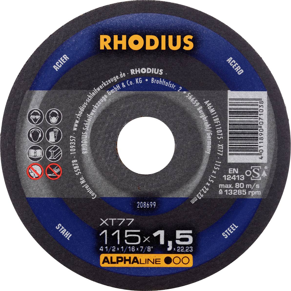Disque à tronçonner 'RHODIUS', diamètre 115 mm, épaisseur 1,5 mm. Optimal pour l'acier et l'acier inoxydable. Vitesse maximale : 80 m/s.