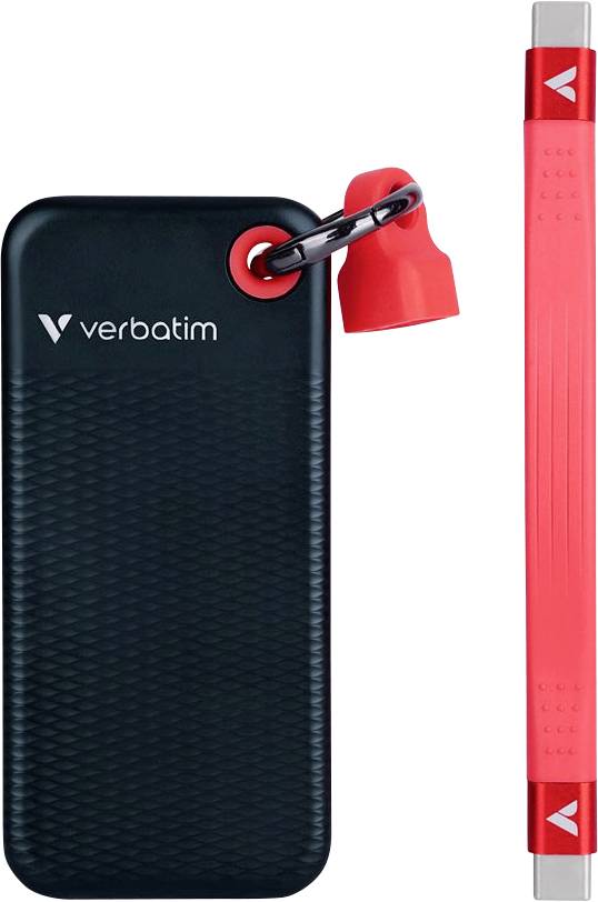 SSD externe portable de Verbatim, noir, avec une languette rouge et un port USB. Taille compacte, adaptée au stockage de données en déplacement.