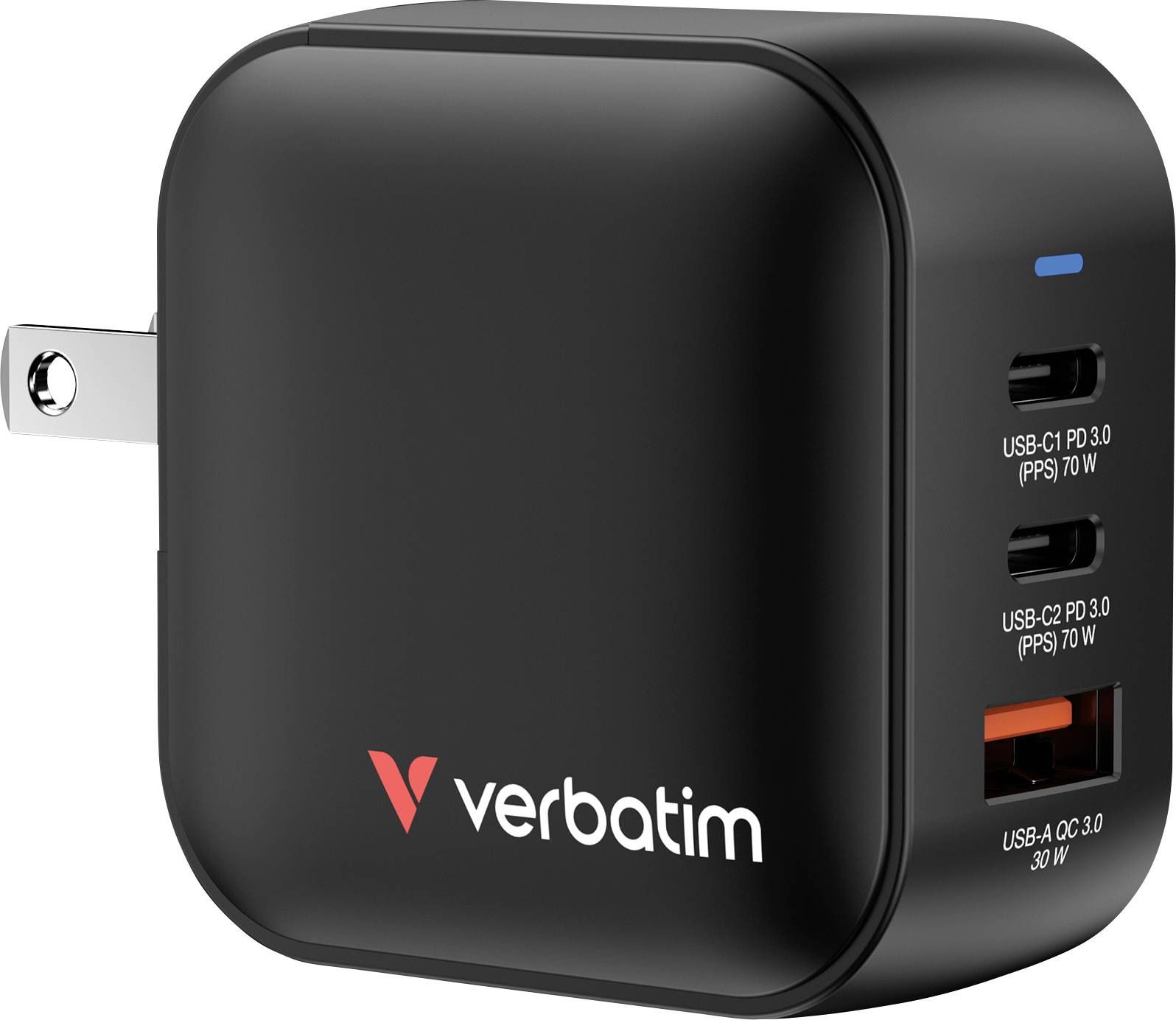 Verbatim Mini GaN Charger Adaptateur de voyage 70 W 1x USB-A, 2x USB-C® Power Delivery 3.0, QC 3.0, QC 4+ noir chargeur rapide