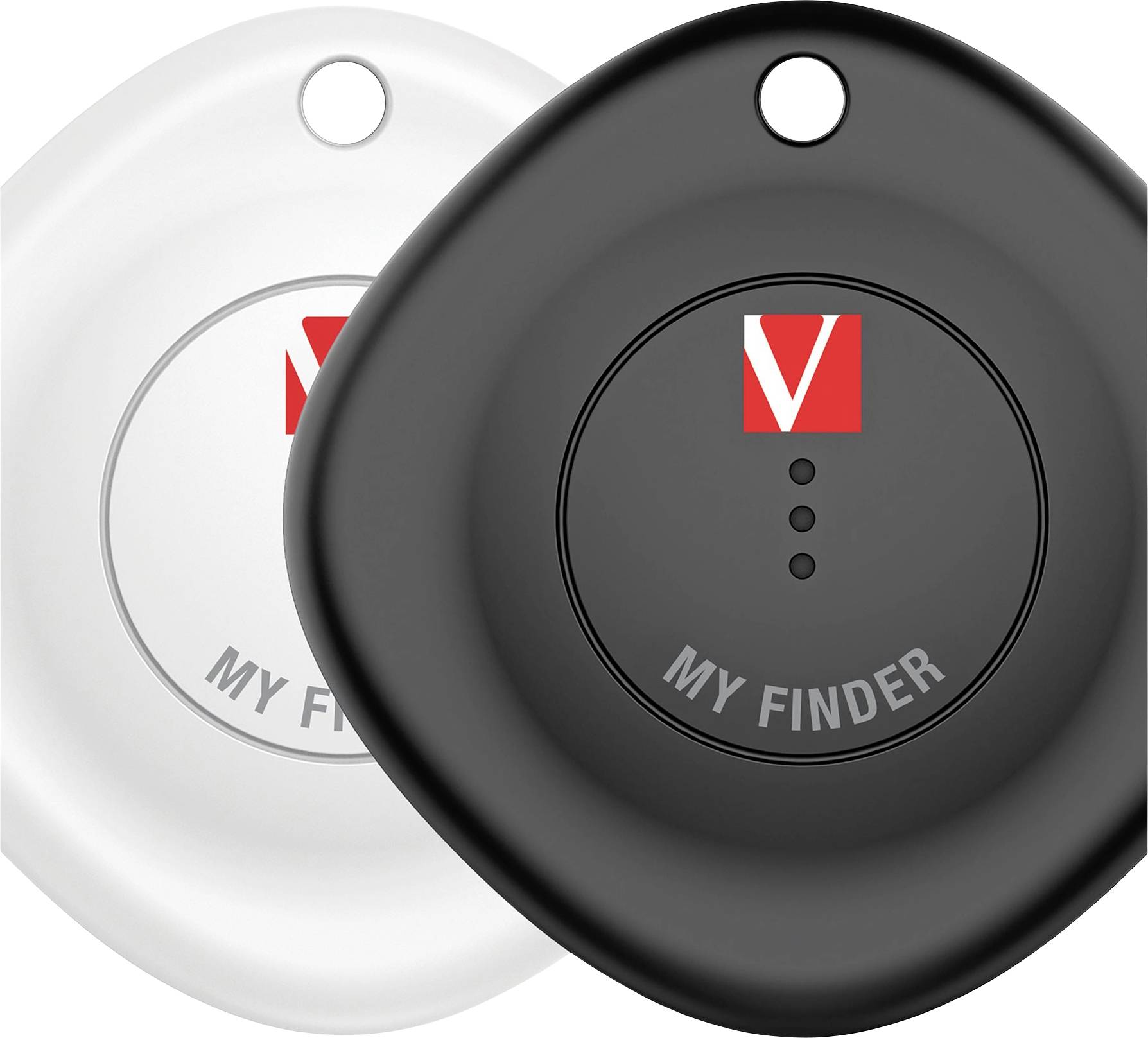 Deux trackers GPS circulaires, l'un noir et l'autre blanc, portant l'inscription 'MY FINDER' sur la face avant, chacun avec un logo rouge.