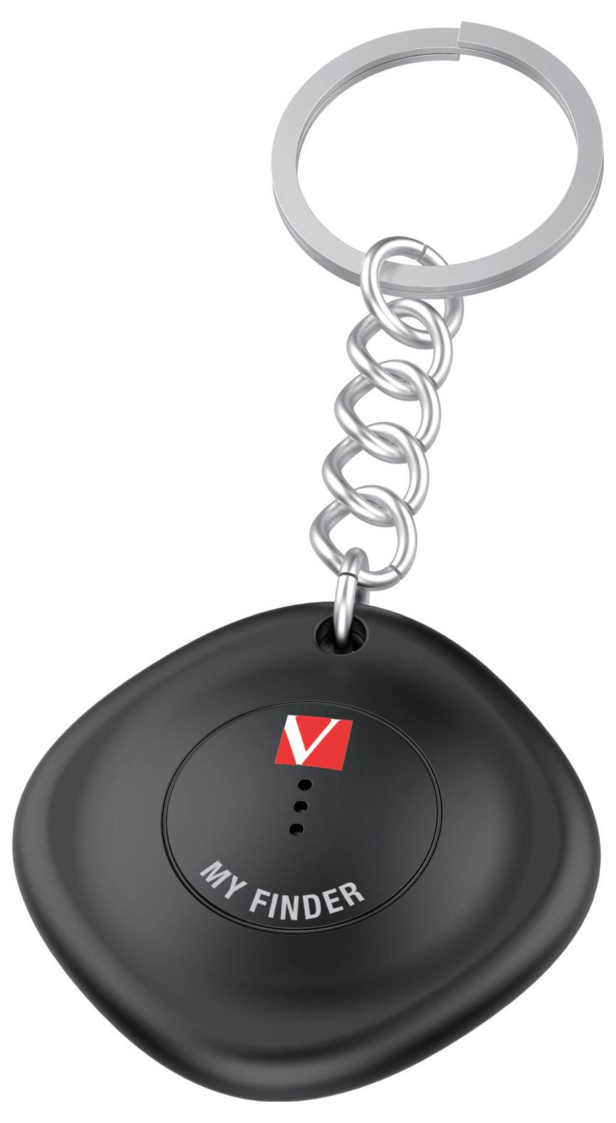Un porte-clés noir portant l'inscription 'My Finder' et un logo rouge. Le porte-clés a une forme ronde et un anneau métallique.