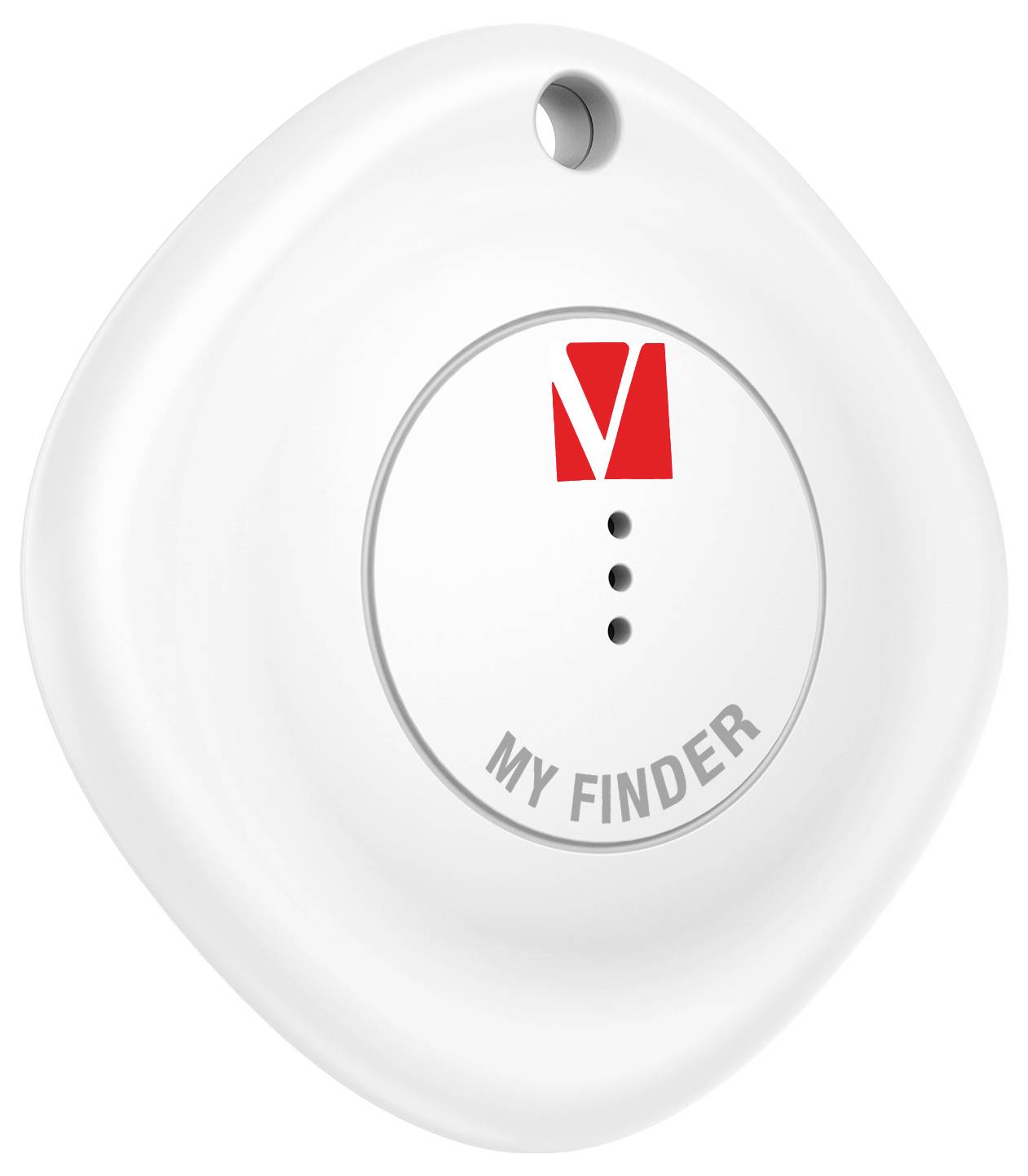 Un traceur GPS blanc, carré, avec des coins arrondis et un symbole rouge en haut. 'MY FINDER' est imprimé sur le bord inférieur.
