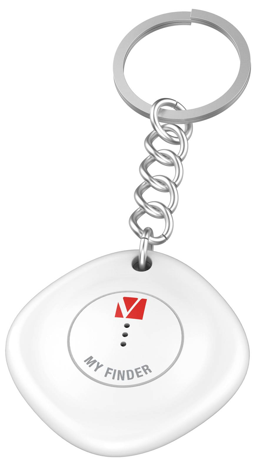Un porte-clés blanc avec l'inscription 'MY FINDER' et un logo M rouge, adapté pour localiser des objets.