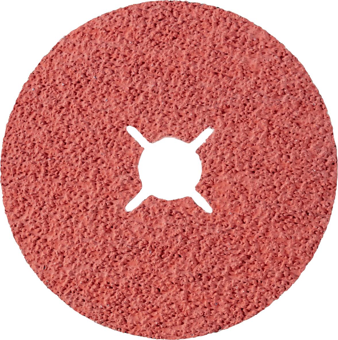 Un disque abrasif rond, rouge, avec une texture rugueuse et un trou central en forme de croix, adapté pour les travaux de meulage ou de polissage.