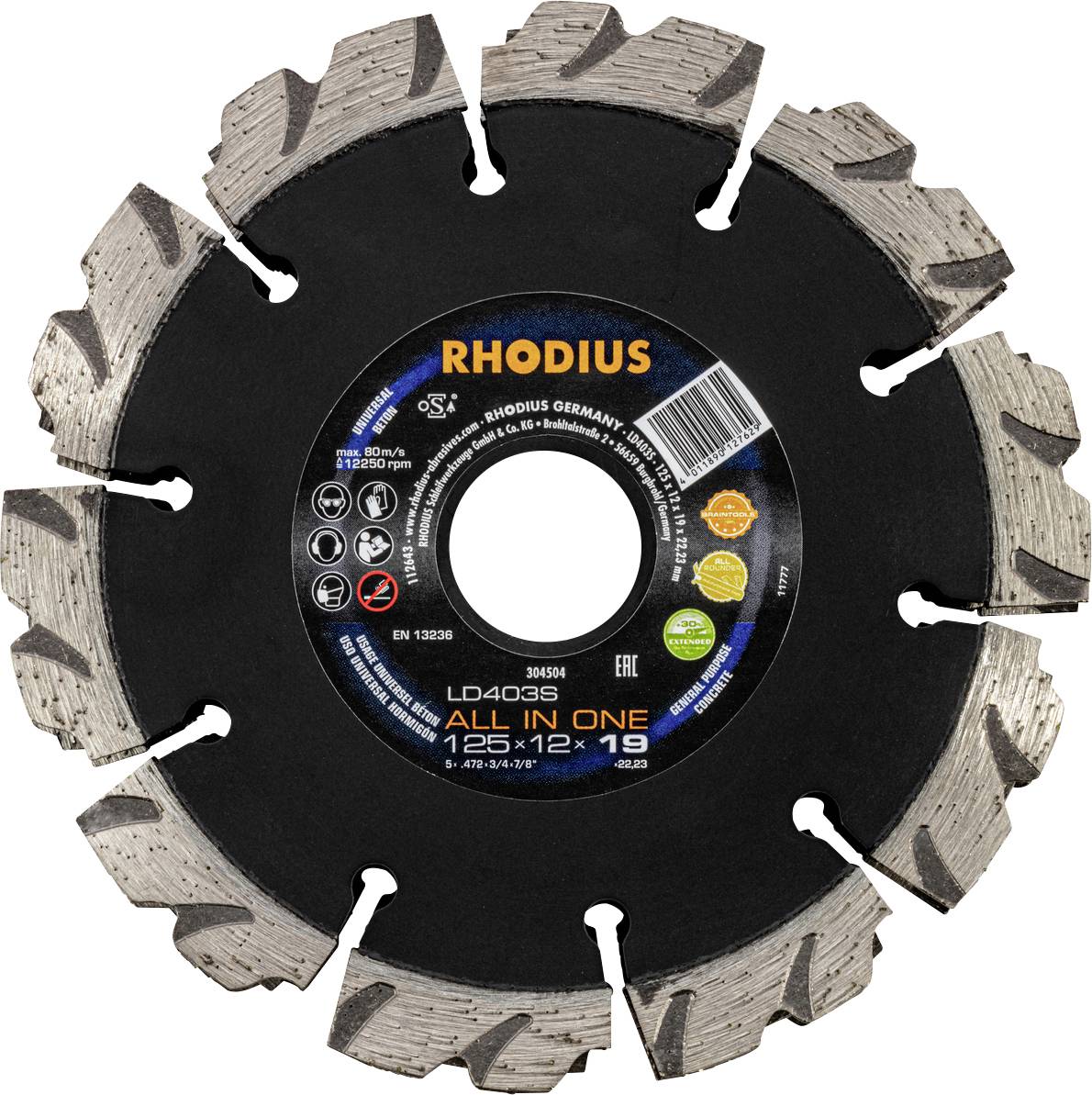 Un disque de coupe Rhodius avec un centre noir et des dents grises. Des informations sur le produit et des symboles sont visibles au centre.
