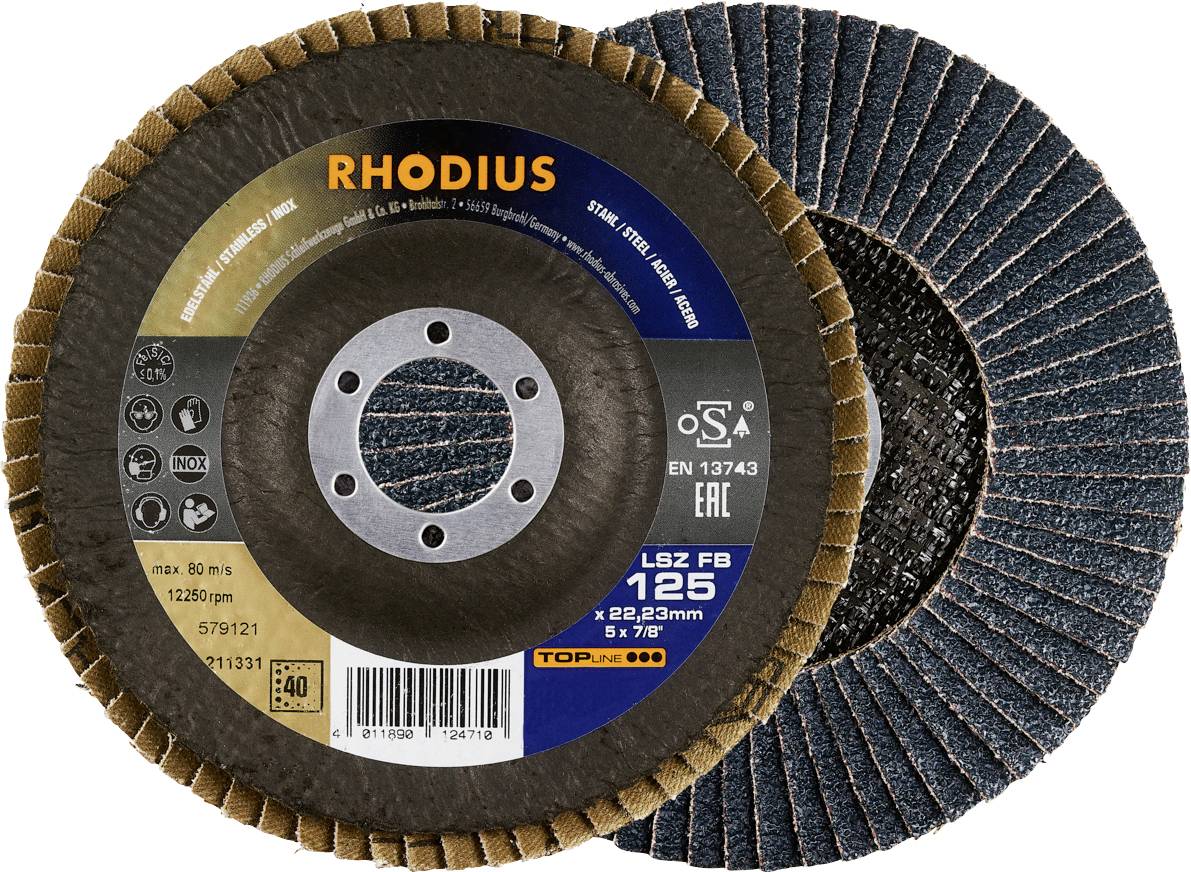 Disque à lamelles de Rhodius avec lamelles brunes et bleues, modèle LSZ F B 125, adapté pour l'usinage des métaux.