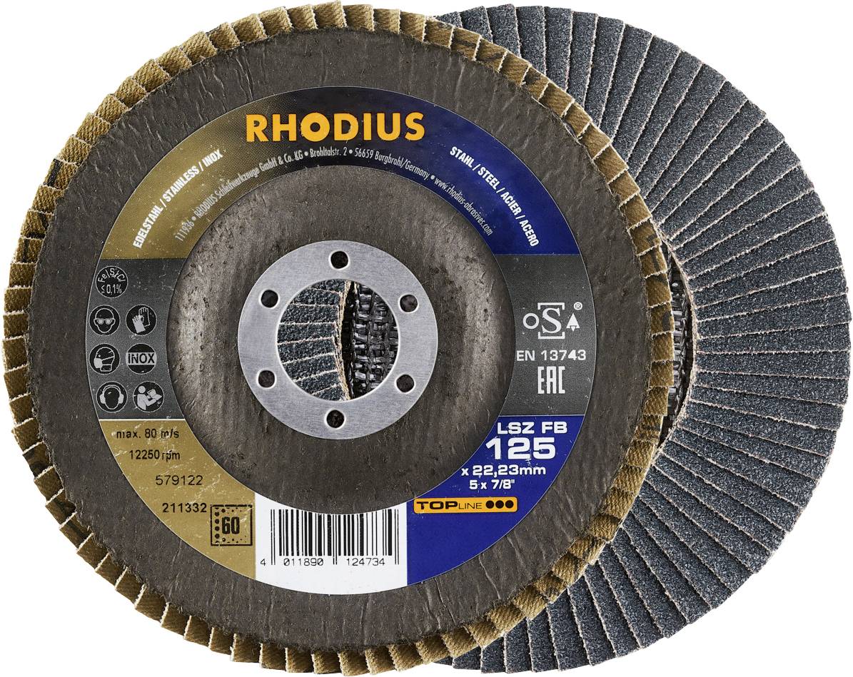 Deux meules abrasives Rhodius, modèle LSZ F, à surface grossière pour les travaux de meulage.