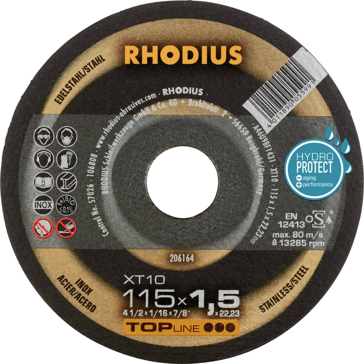 Disque à tronçonner Rhodius, pour acier inoxydable. Diamètre 115 mm, épaisseur 1,5 mm, avec symbole HydroProtect et spécifications techniques.