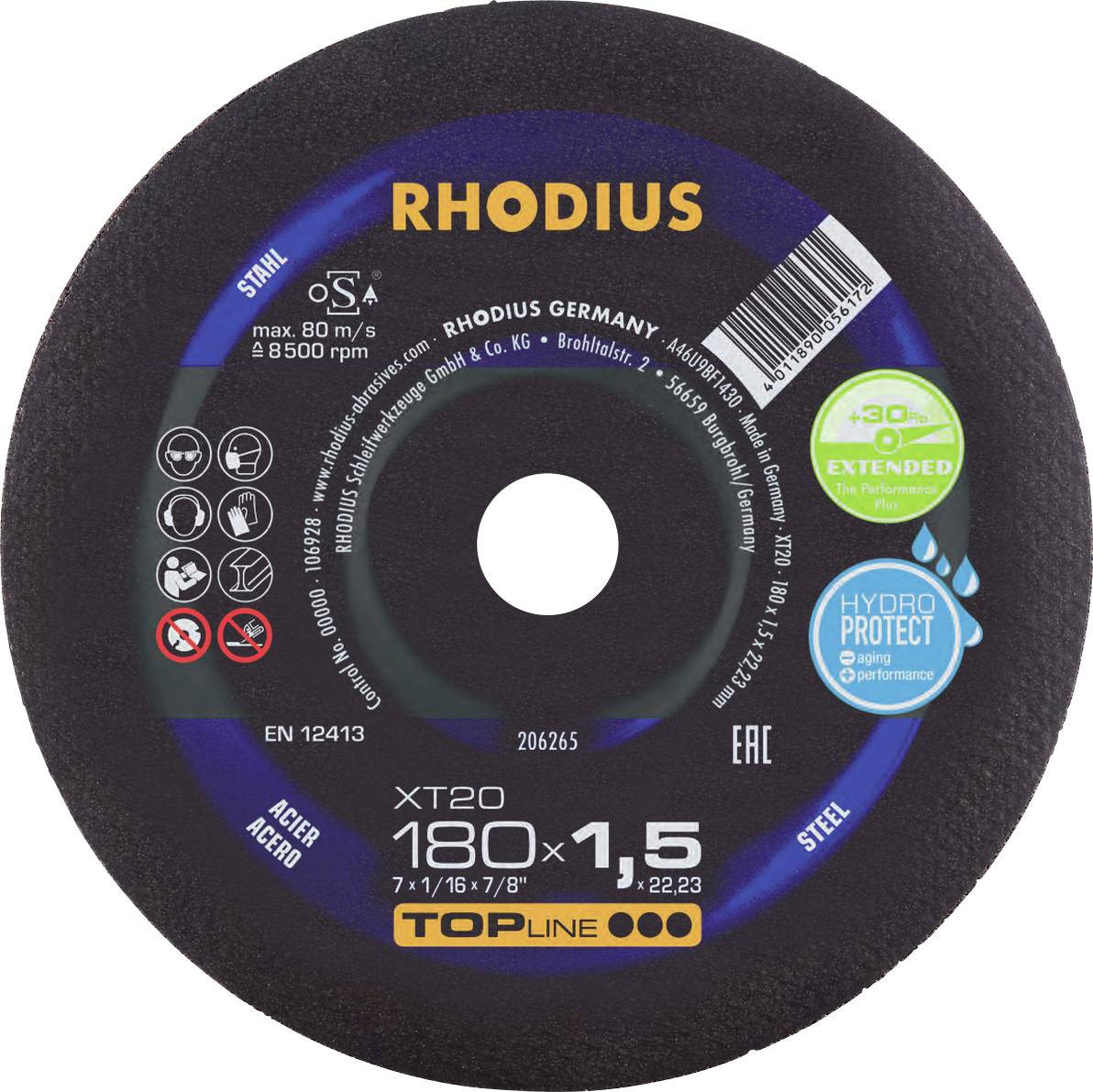 'Disque à tronçonner RHODIUS XT20, 180x1,5 mm, adapté pour l'acier, vitesse max. 80 m/s, avec technologie Hydro Protect et Topline, durée de vie prolongée.'