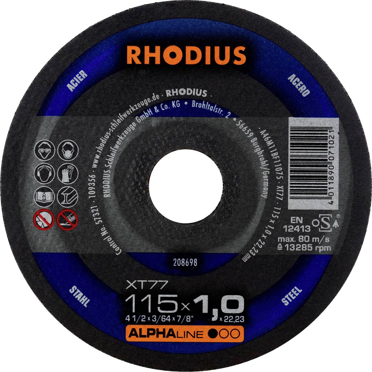 Disque à tronçonner Rhodius, modèle XT77, diamètre 115 mm, adapté pour l'acier, vitesse maximale 80 m/s.