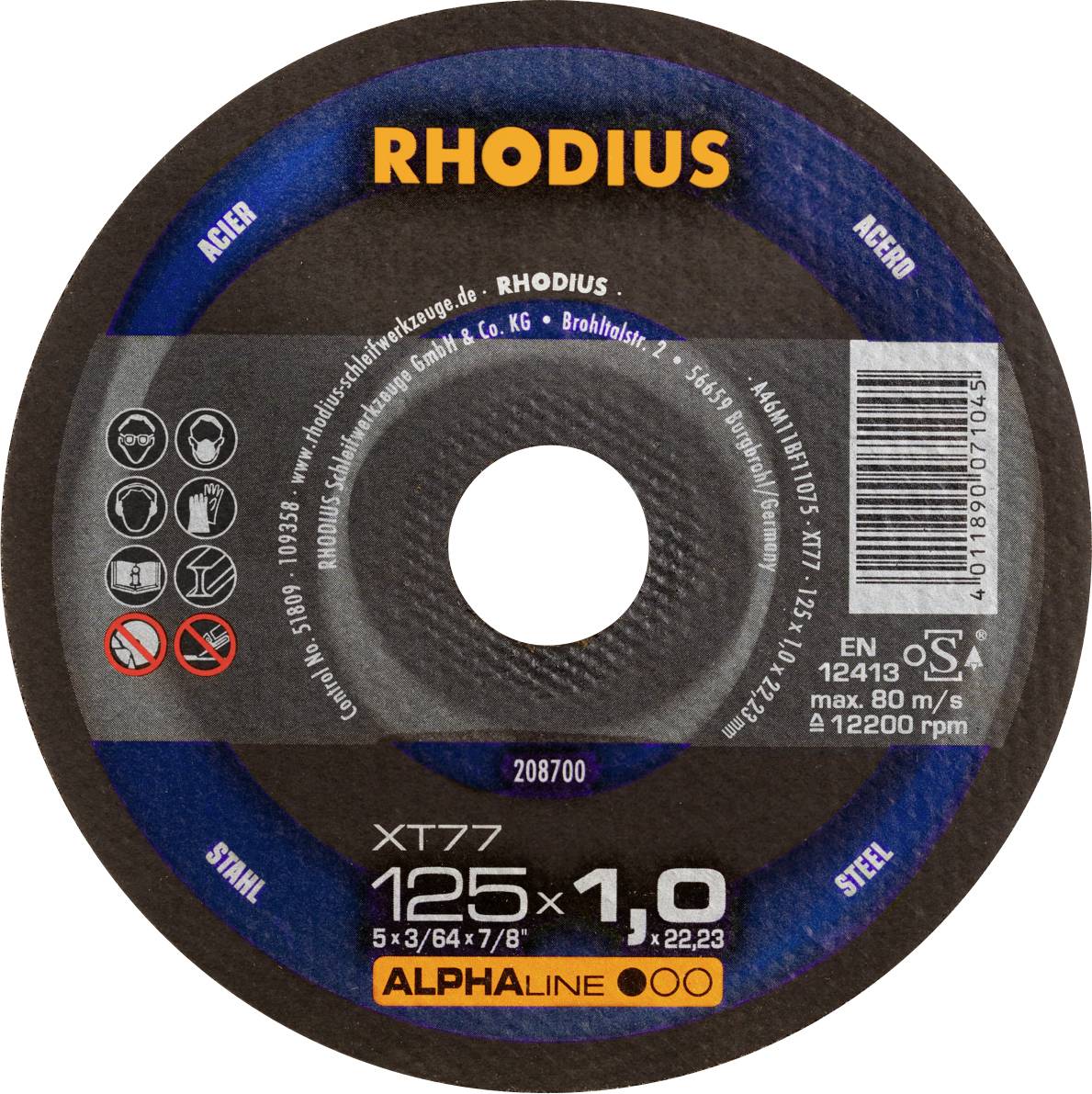 Disque à tronçonner Rhodius, diamètre 125 mm, adapté pour l'acier. Vitesse maximale 80 m/s, vitesse de rotation maximale 12200 tr/min.