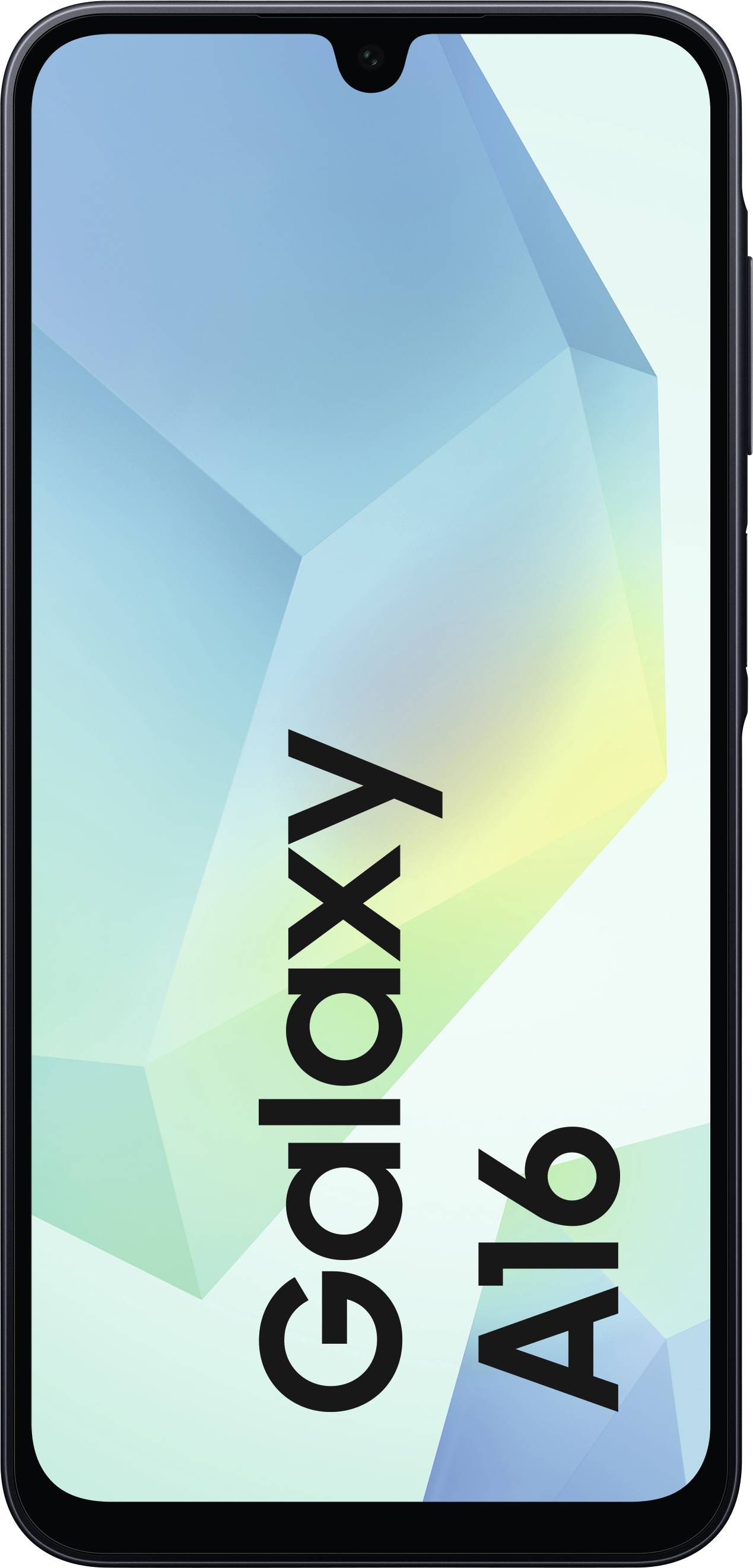 Un smartphone avec un cadre noir affiche un écran avec un arrière-plan abstrait en tons de bleu et de vert, et le texte 'Galaxy A16'.