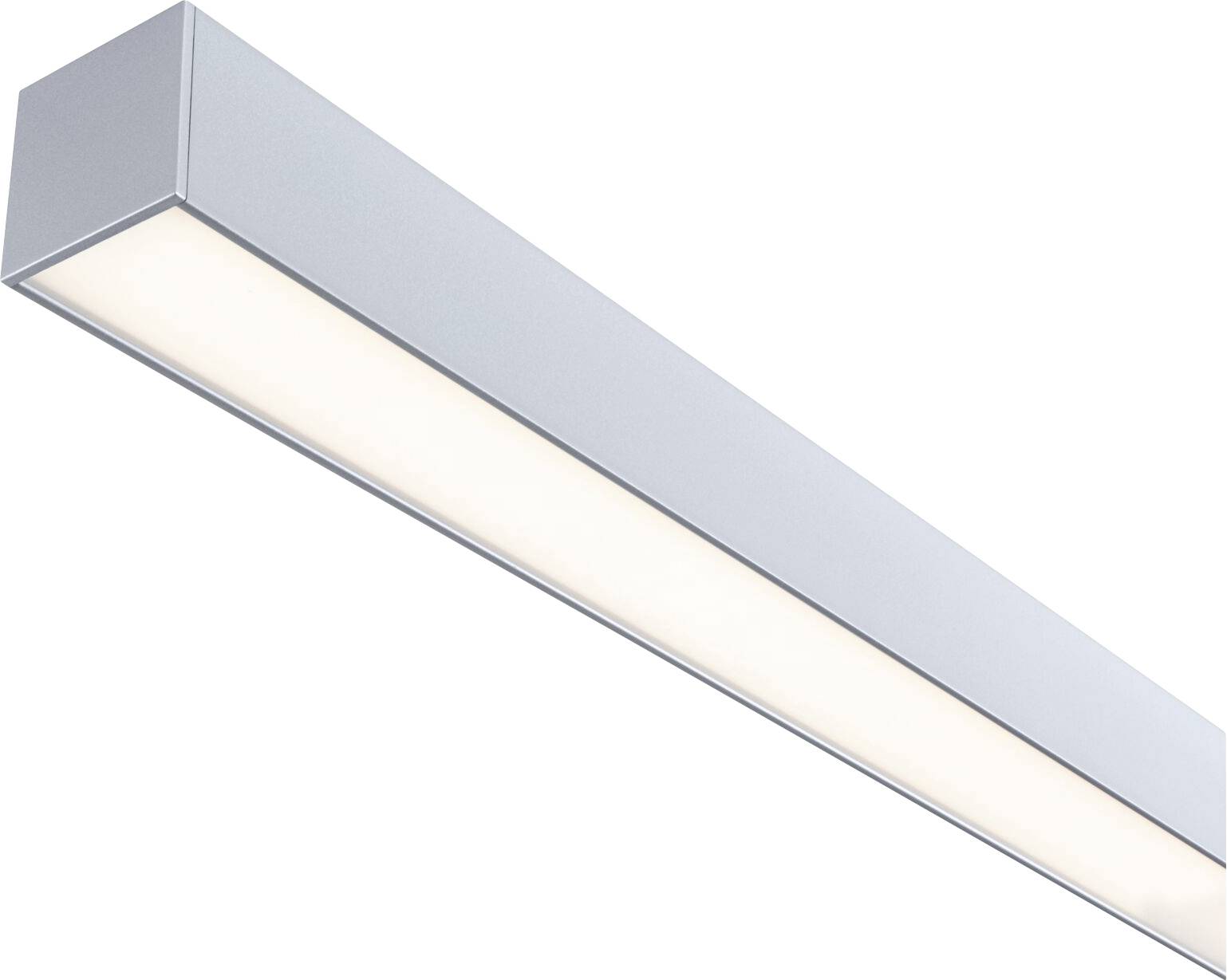 Un luminaire de plafond moderne au cadre argenté, de forme rectangulaire, diffusant une lumière douce et uniforme.