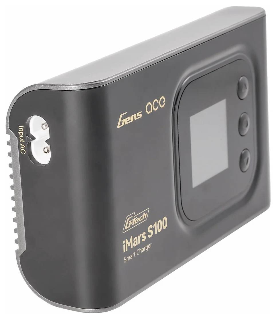 Un chargeur noir rectangulaire avec un affichage numérique et deux boutons. Inscription de marque : 'Gens Ace' et modèle 'iMars S100'.