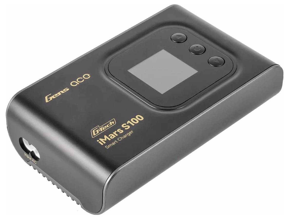 Un chargeur portable portant l'inscription 'iMars S100 Smart Charger' avec trois boutons de commande sur le dessus, compact et noir.