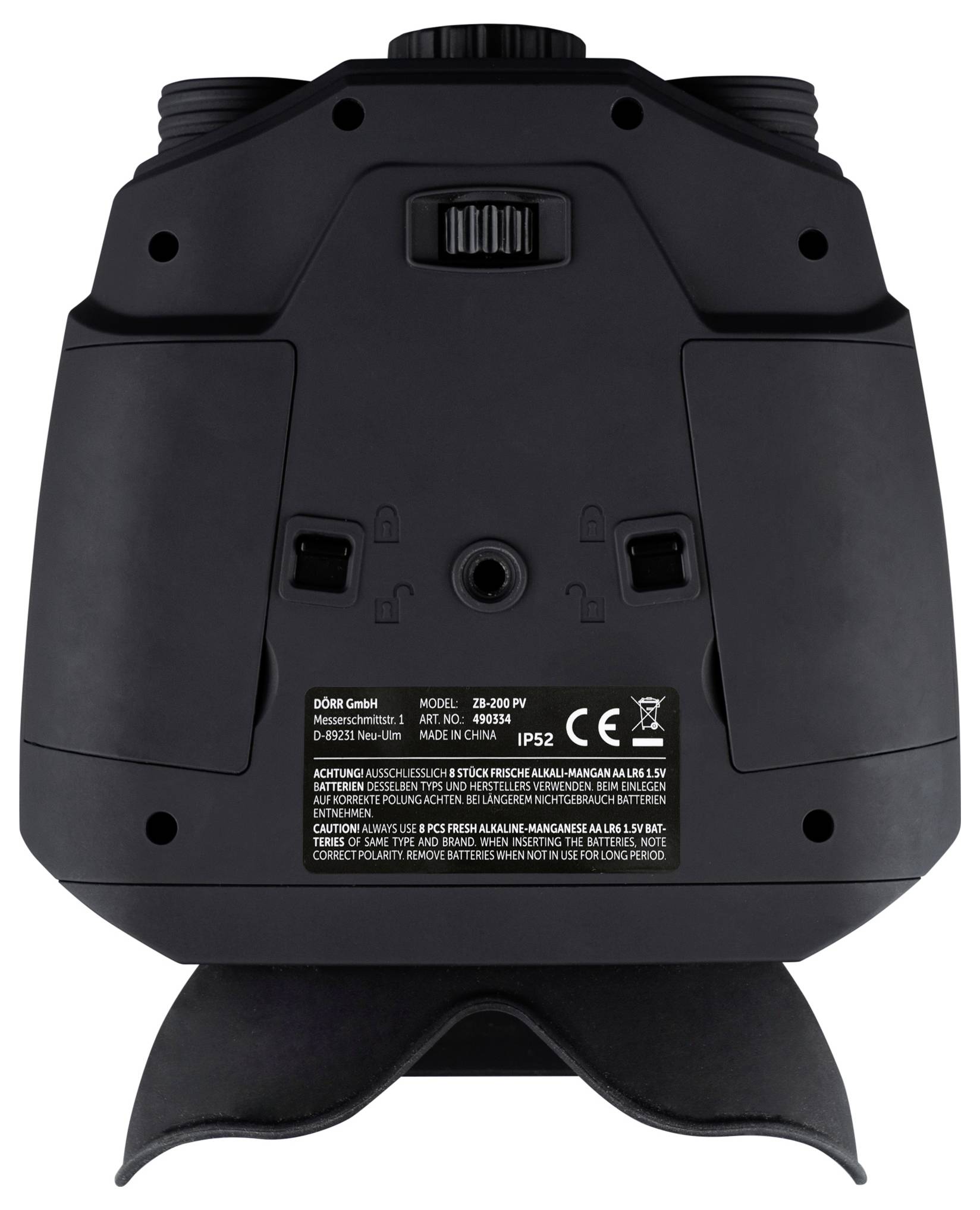 Jumelles grises et noires avec plusieurs boutons et avertissements sur la face inférieure. Modèle : 28 300 NV. Certifiées IP52, CE et FCC.