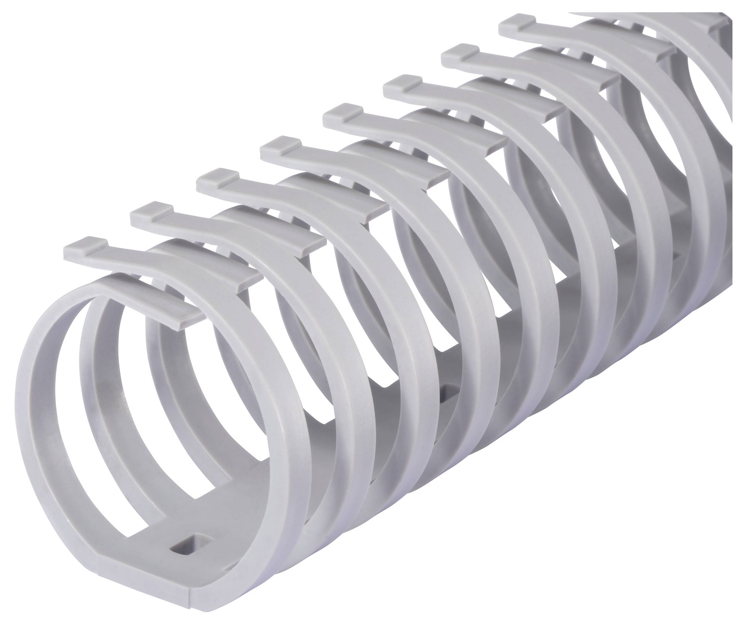 Un goulotte de câbles en plastique grise et spiralée pour l'organisation et le regroupement des câbles.