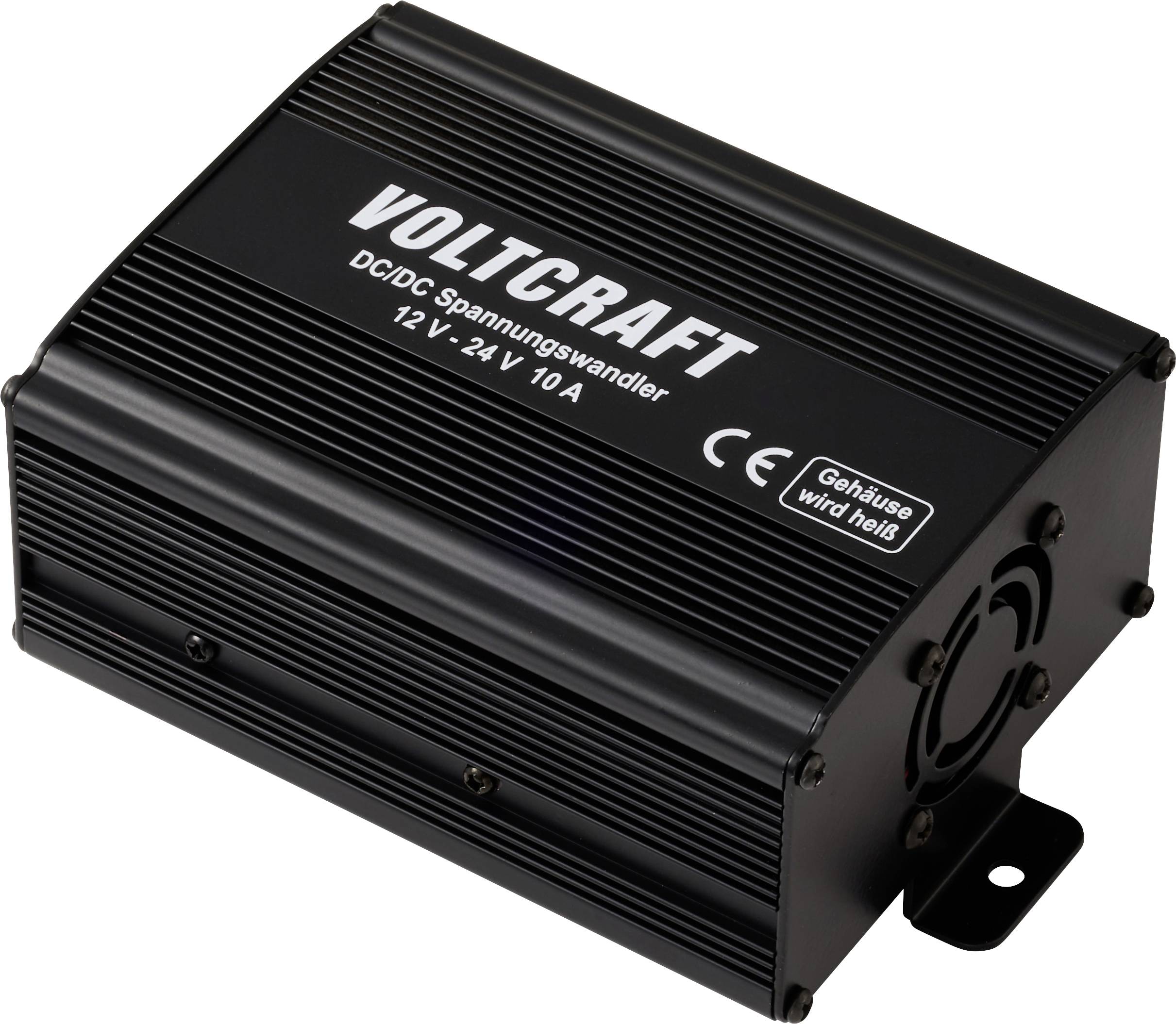Un convertisseur CC/CC Voltcraft noir avec texte blanc, utilisé pour la conversion de tension de 12V à 24V à 10A.