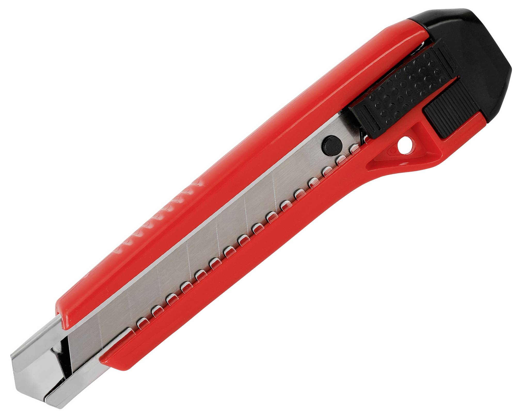 Un couteau utilitaire rouge à lame rétractable, présenté sur un fond blanc.