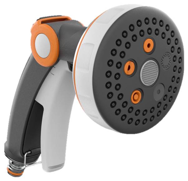 Pistolet de pulvérisation de jardin gris et orange avec plusieurs options de modèles de pulvérisation, poignée ergonomique et raccordement à l'eau.
