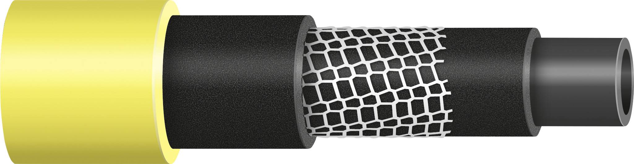 Une coupe transversale d'un tuyau multicouche : jaune à l'extérieur, puis noir, suivi d'une couche maillée, puis un tube intérieur noir.