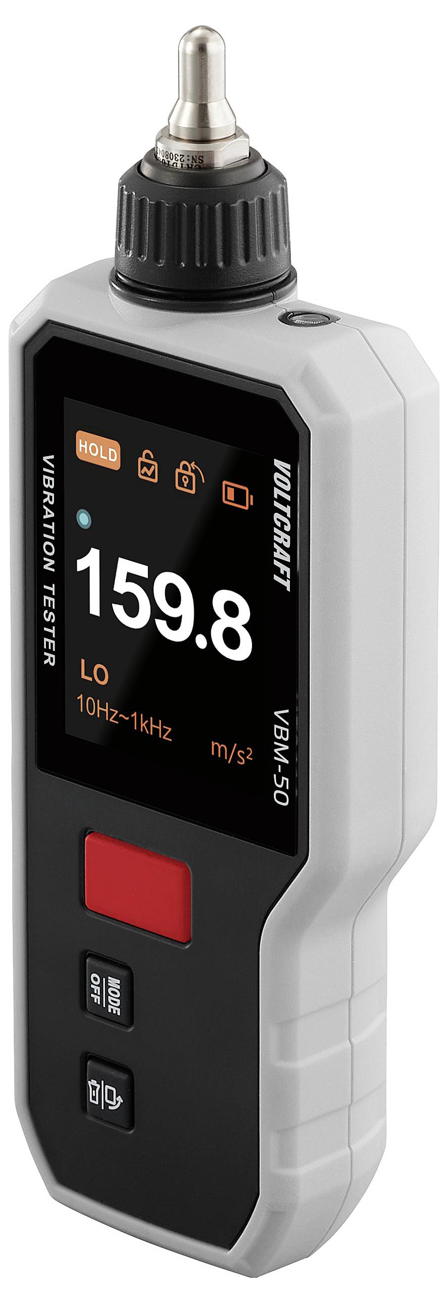 Compteur de vibrations portable affichant la lecture '159,8' avec des boutons étiquetés 'HOLD' et 'ON'. Boîtier noir et blanc avec une pointe de capteur métallique.