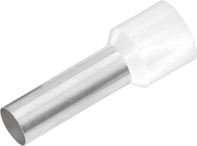 Embout de câble métallique avec collerette conique blanche en plastique. Utilisé pour le raccordement des extrémités de câbles dans des applications électriques.