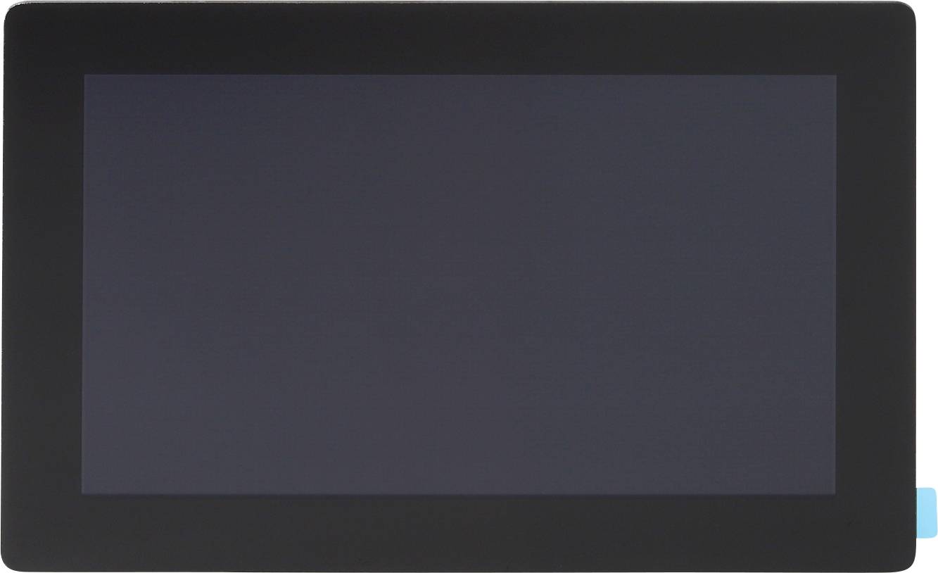 Un écran de tablette noir avec un onglet bleu à droite, éteint. Il n'y a aucune information ou contenu visible sur l'affichage.