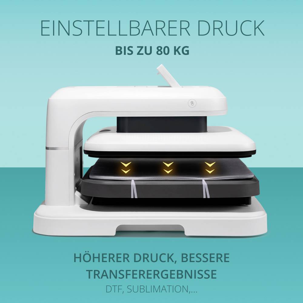 'Pression ajustable jusqu'à 80 kg. Pression plus élevée, meilleurs résultats de transfert. DTF, Sublimation.' Un appareil blanc avec fonction d'impression.