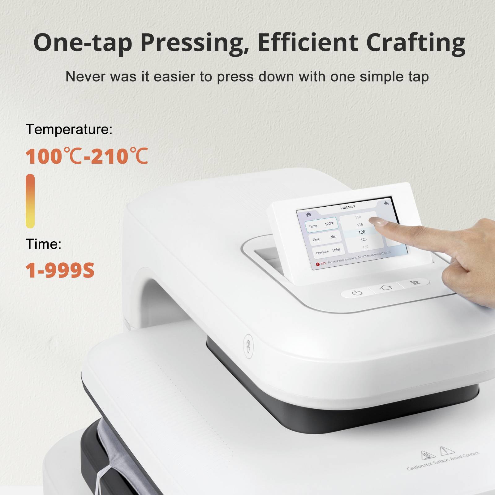 Un appareil blanc de traitement textile avec écran tactile. L'affichage indique des températures de 100°C à 210°C et des durées de 1 à 999 secondes.