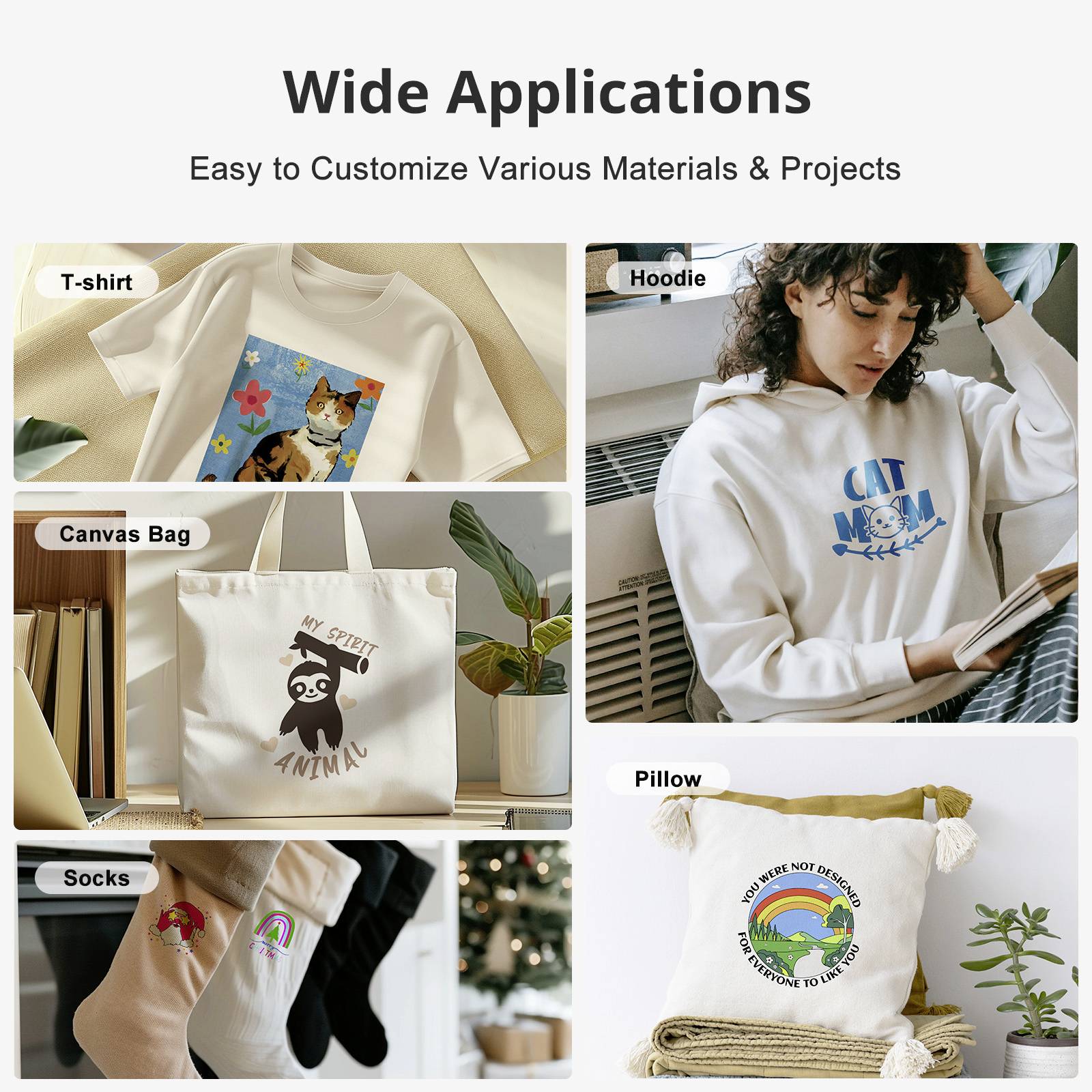 Annonce publicitaire pour des produits personnalisables avec différents designs sur t-shirts, sacs, chaussettes, coussins et sweats à capuche.