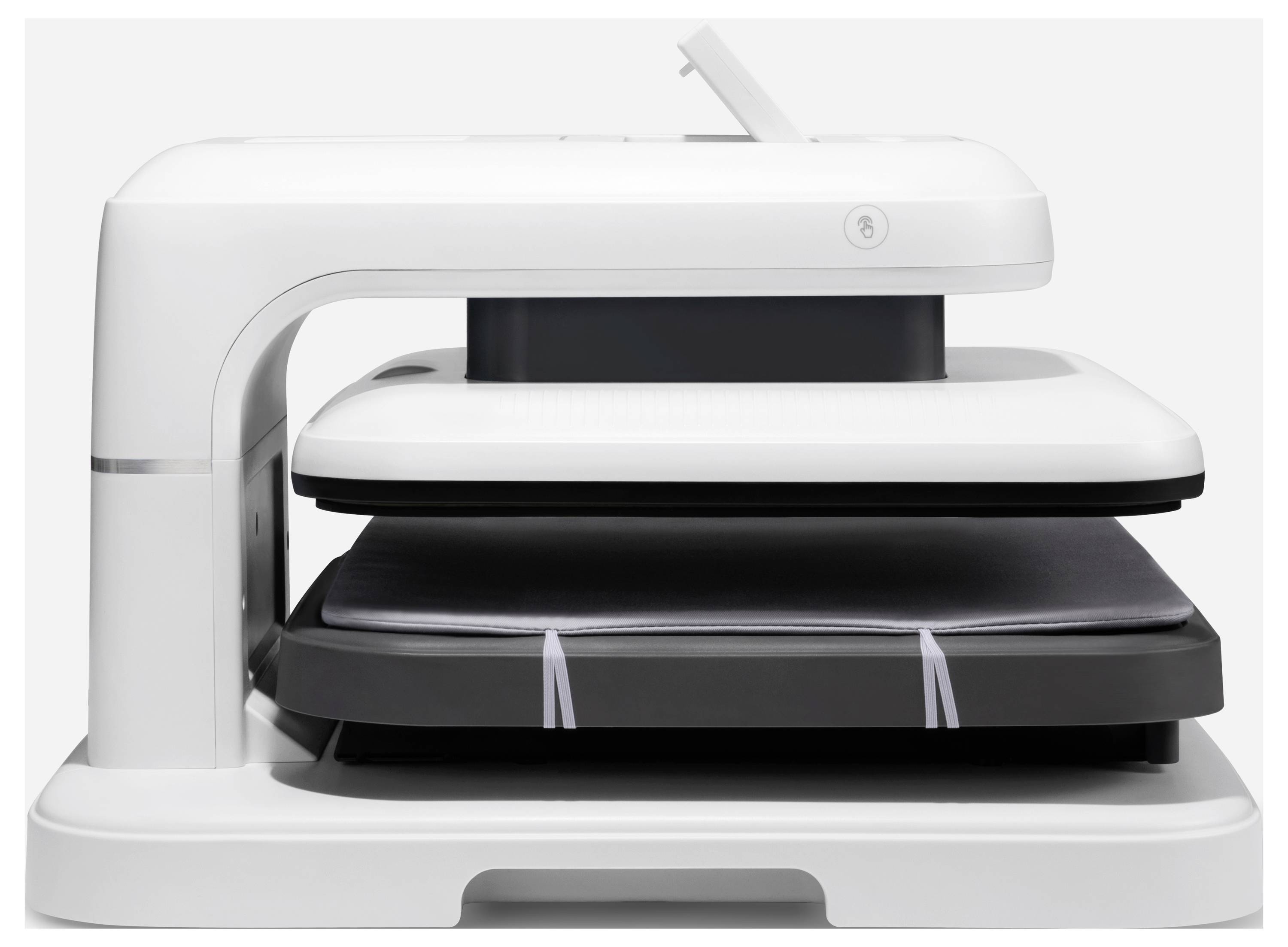 Un appareil électronique blanc et moderne au design plat, avec un dessus et un dessous lisses. Il semble être conçu pour presser ou laminer des documents ou des matériaux.