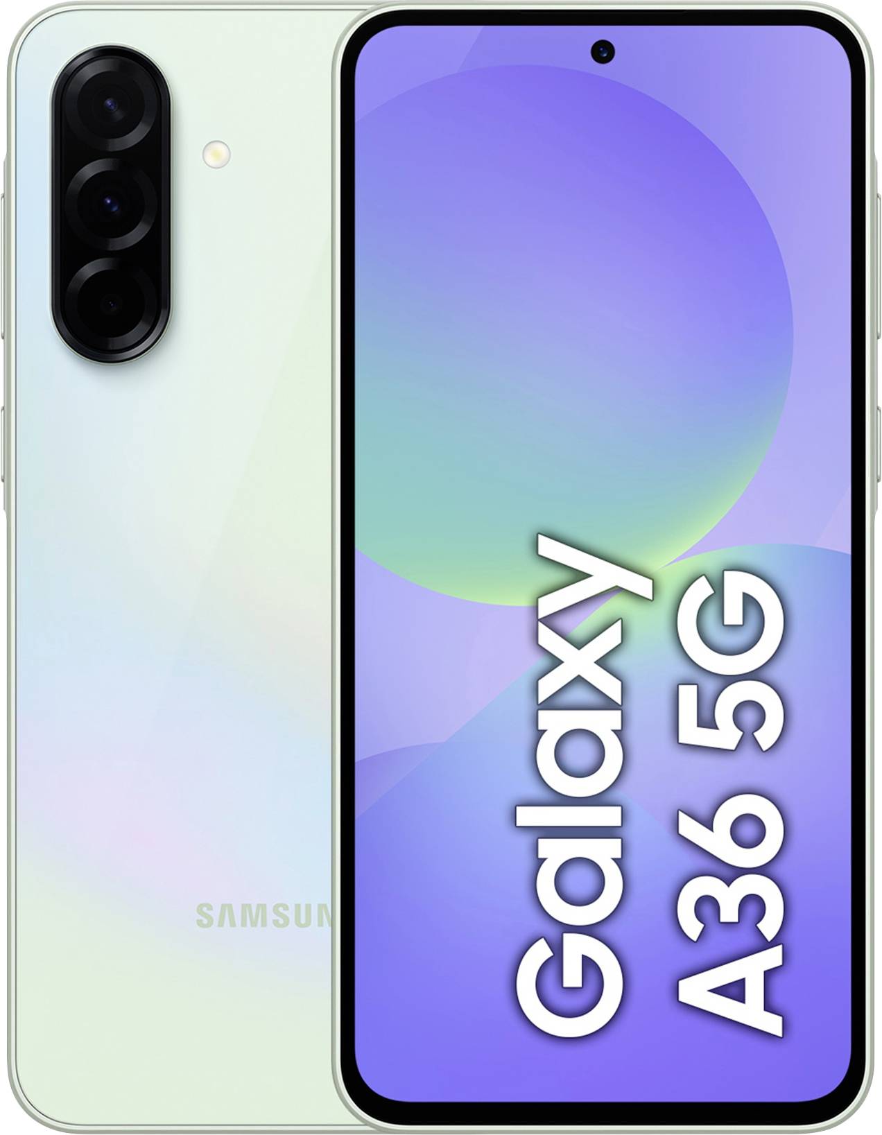 Smartphone Samsung Galaxy A36 5G avec trois caméras arrière et vue de l'écran. Texte sur l'écran : 'Galaxy A36 5G'.