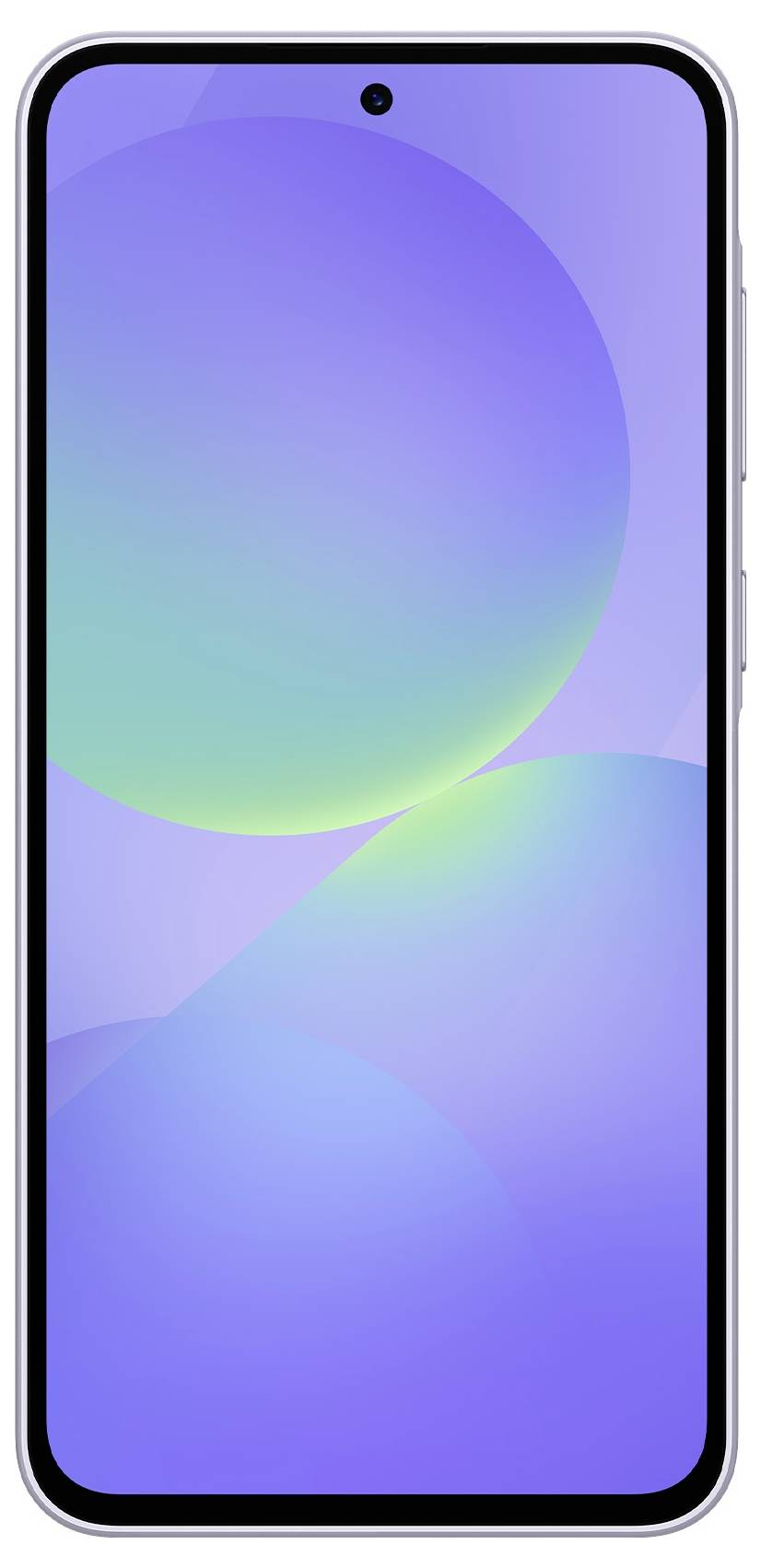 Smartphone à écran coloré, affichant un graphique abstrait en violet et vert. Le cadre du téléphone est blanc.