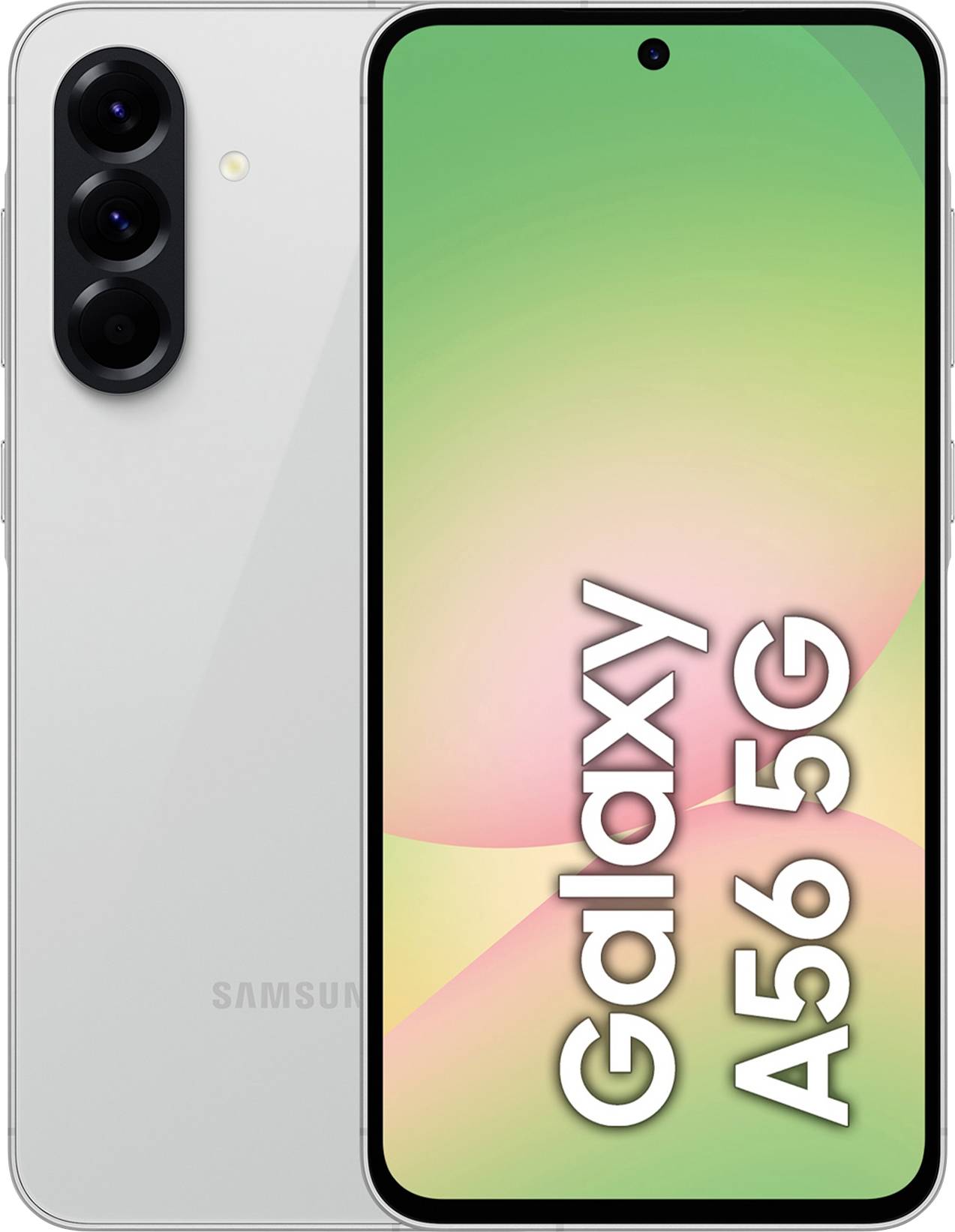 L'image montre un smartphone Samsung Galaxy A56 5G argenté avec trois caméras à l'arrière. L'écran affiche 'Galaxy A56 5G'.