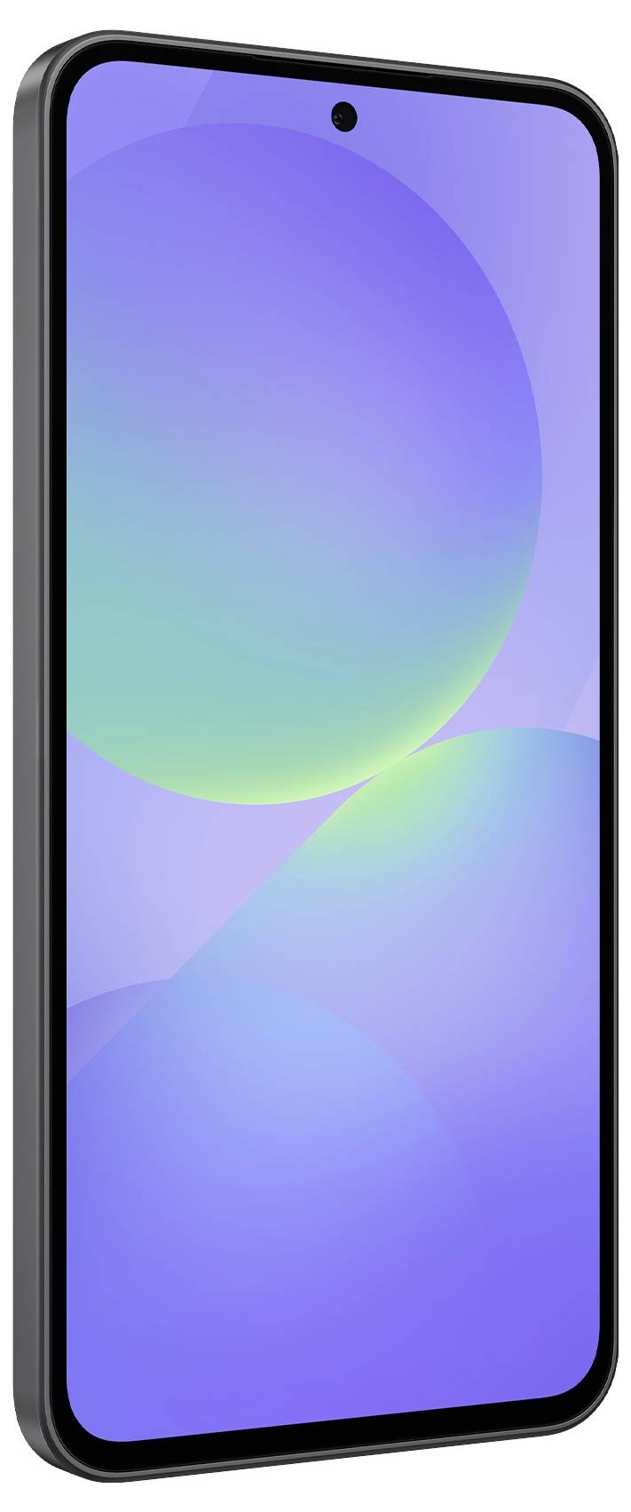 Un smartphone moderne avec un grand écran lumineux aux tons bleus et verts. L'appareil dispose de bordures étroites et d'une caméra frontale.