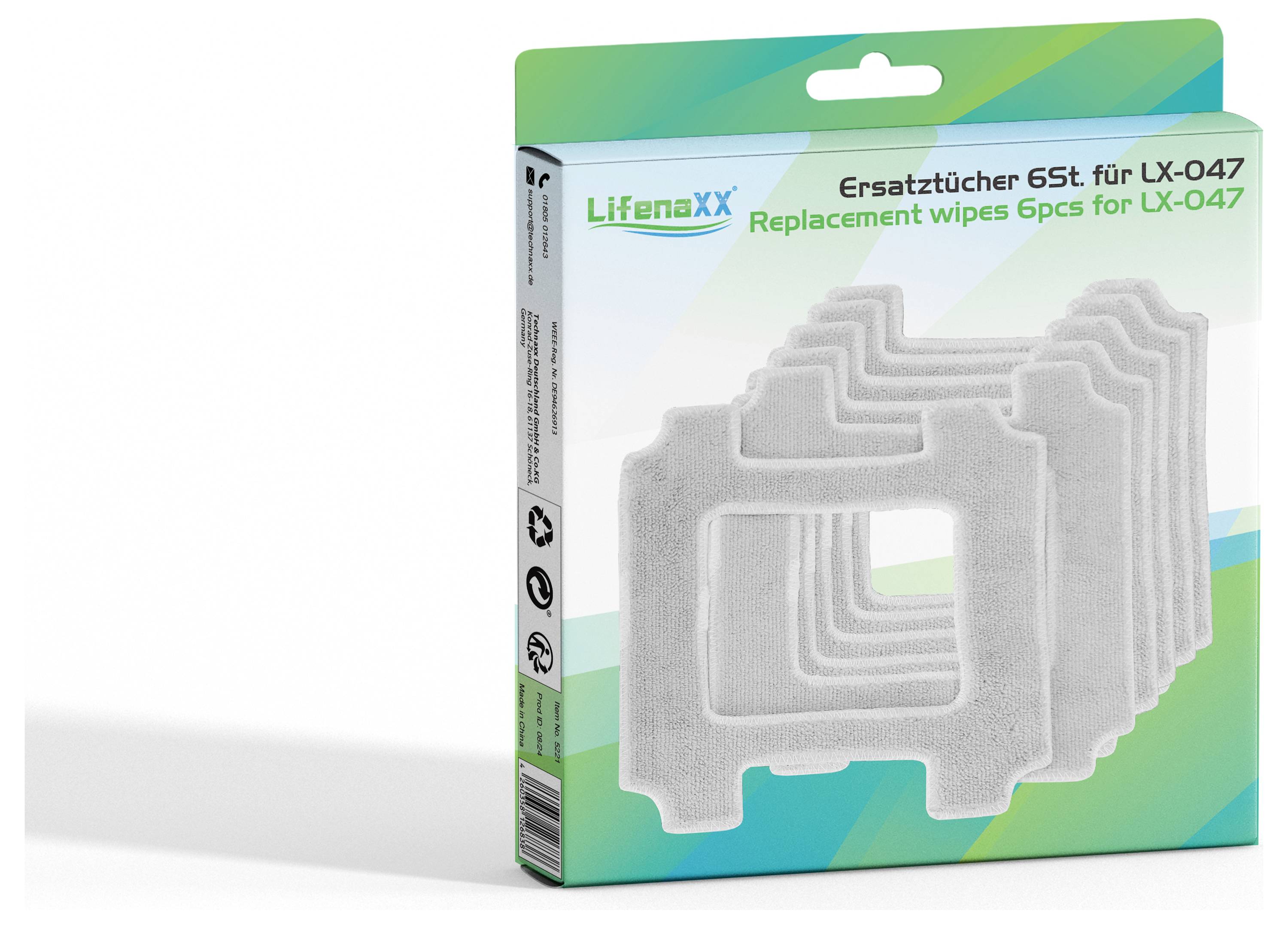 «6 lingettes de rechange pour LX-047» est inscrit sur l'emballage de lingettes blanches. L'emballage est conçu dans des tons bleu-vert.