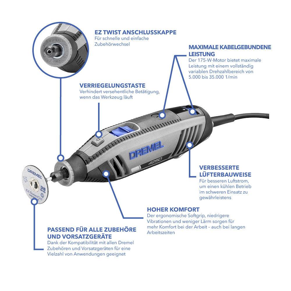 'Outil multifonction Dremel avec capuchon de connexion EZ Twist, bouton de verrouillage et confort élevé. Puissance maximale de 5 000 à 35 000 tr/min. Circulation d'air améliorée et compatible avec les accessoires.'