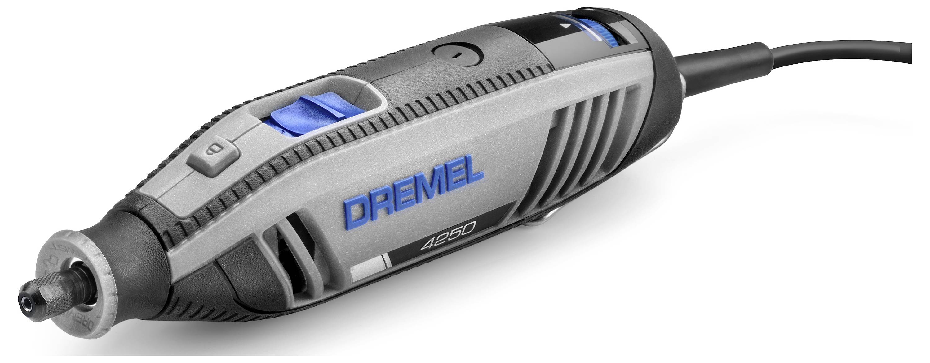 Un outil multifonction Dremel gris pratique avec des touches bleues. Utilisé pour des travaux de coupe et de ponçage précis.