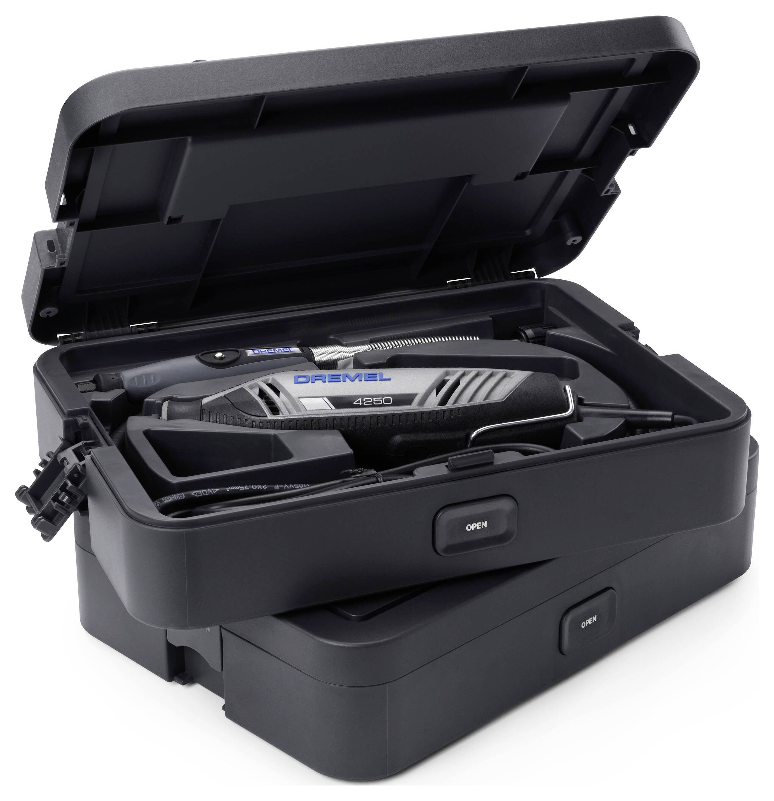 Boîte à outils contenant un outil multifonction Dremel 4300, ses accessoires et le mode d'emploi. Outil principal positionné au-dessus.