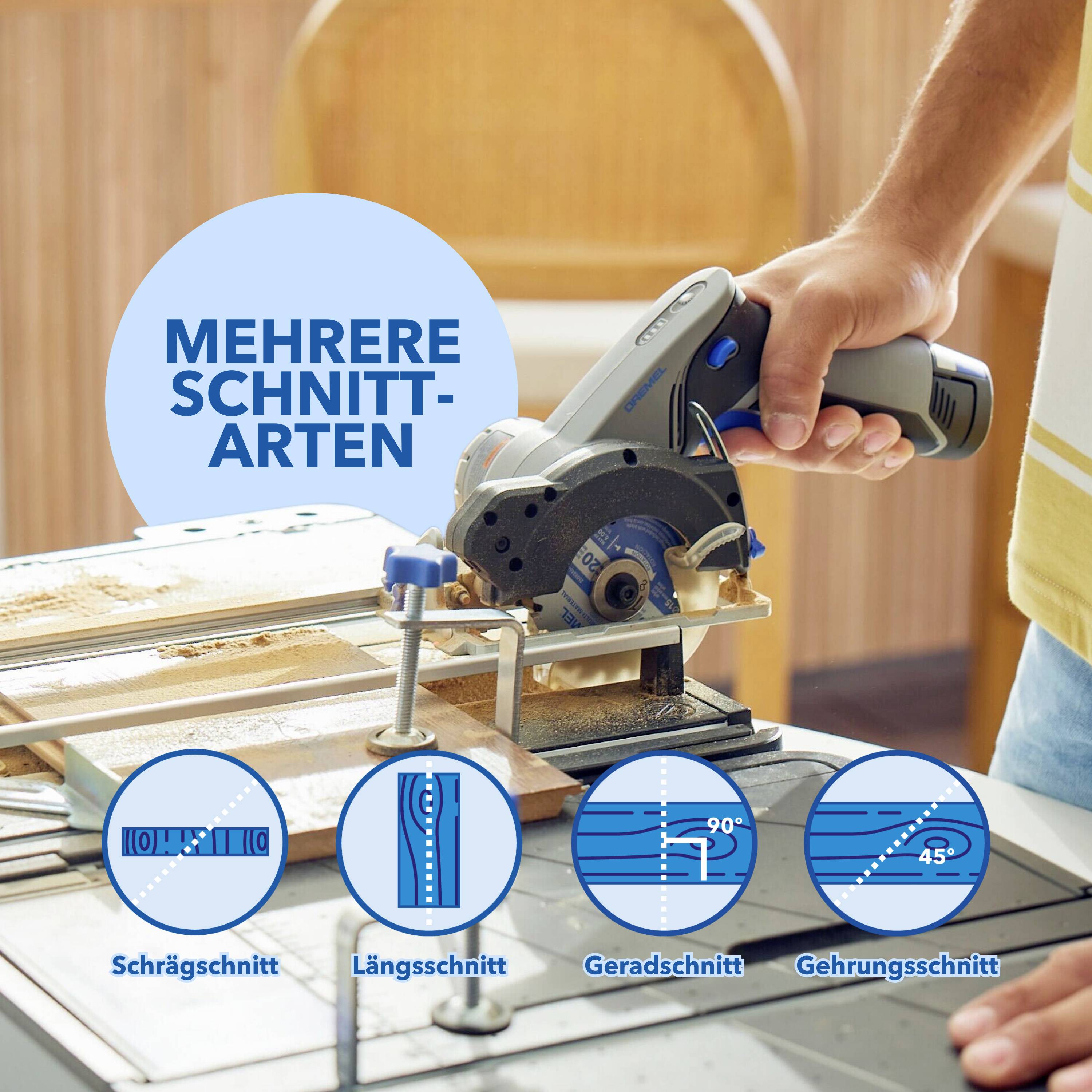 Une personne utilise une scie circulaire portative pour différents types de coupes : coupe en biais, coupe longitudinale, coupe droite, coupe d'onglet.