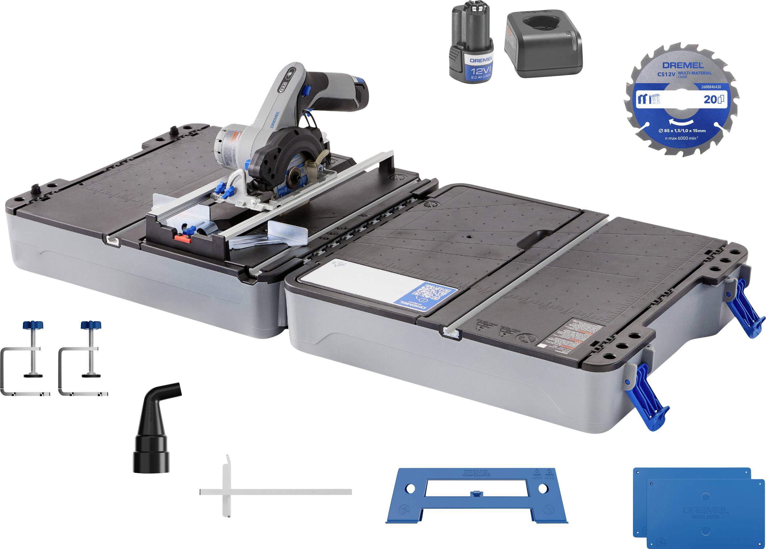 Ensemble Dremel Moto-Saw avec table de sciage, lame de scie, pinces et accessoires. Idéal pour des travaux précis sur bois et plastique.