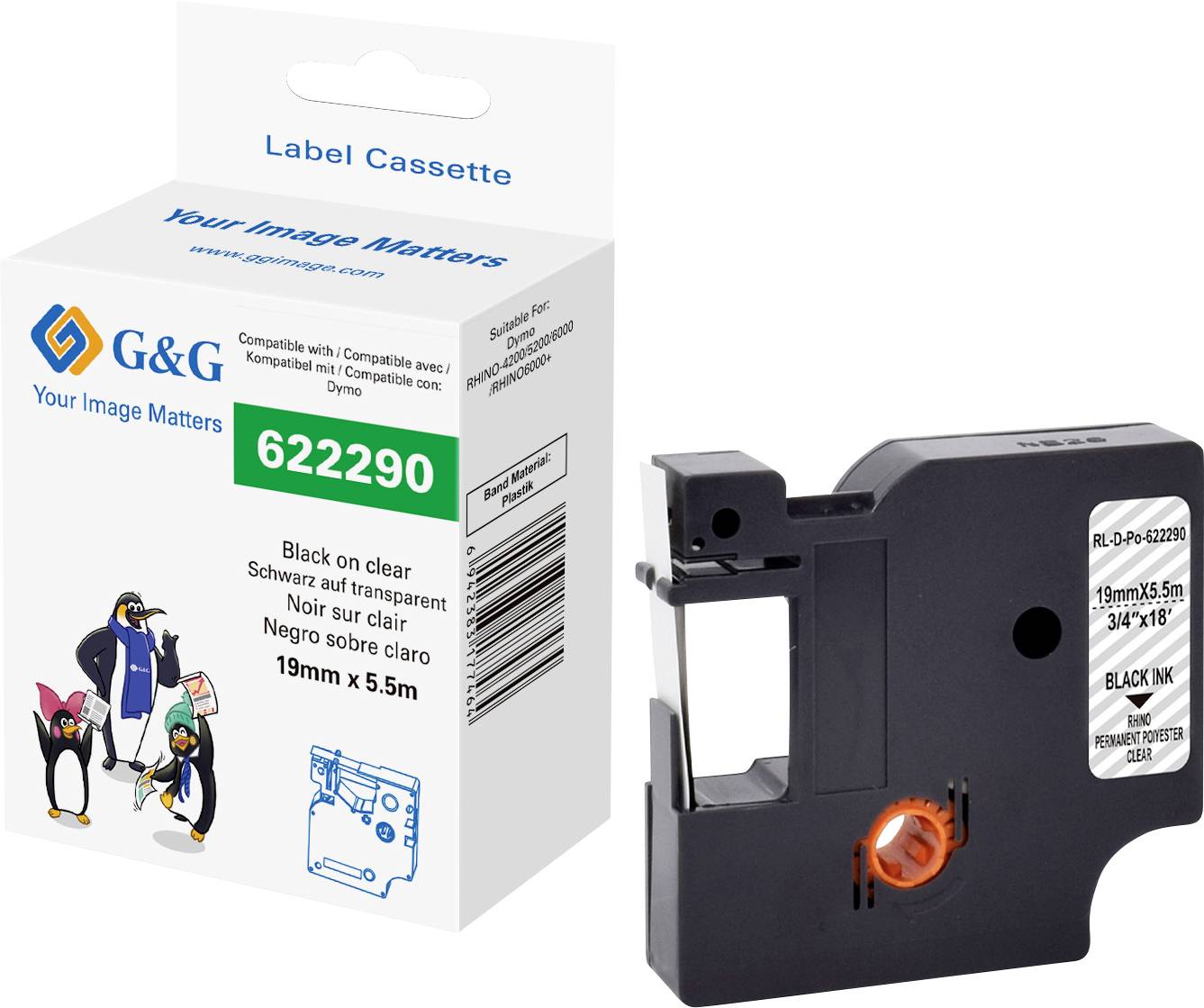 Une cassette d'étiquettes noire de G&G pour imprimantes d'étiquettes compatibles, marquée aux dimensions 19 mm x 5,5 m.