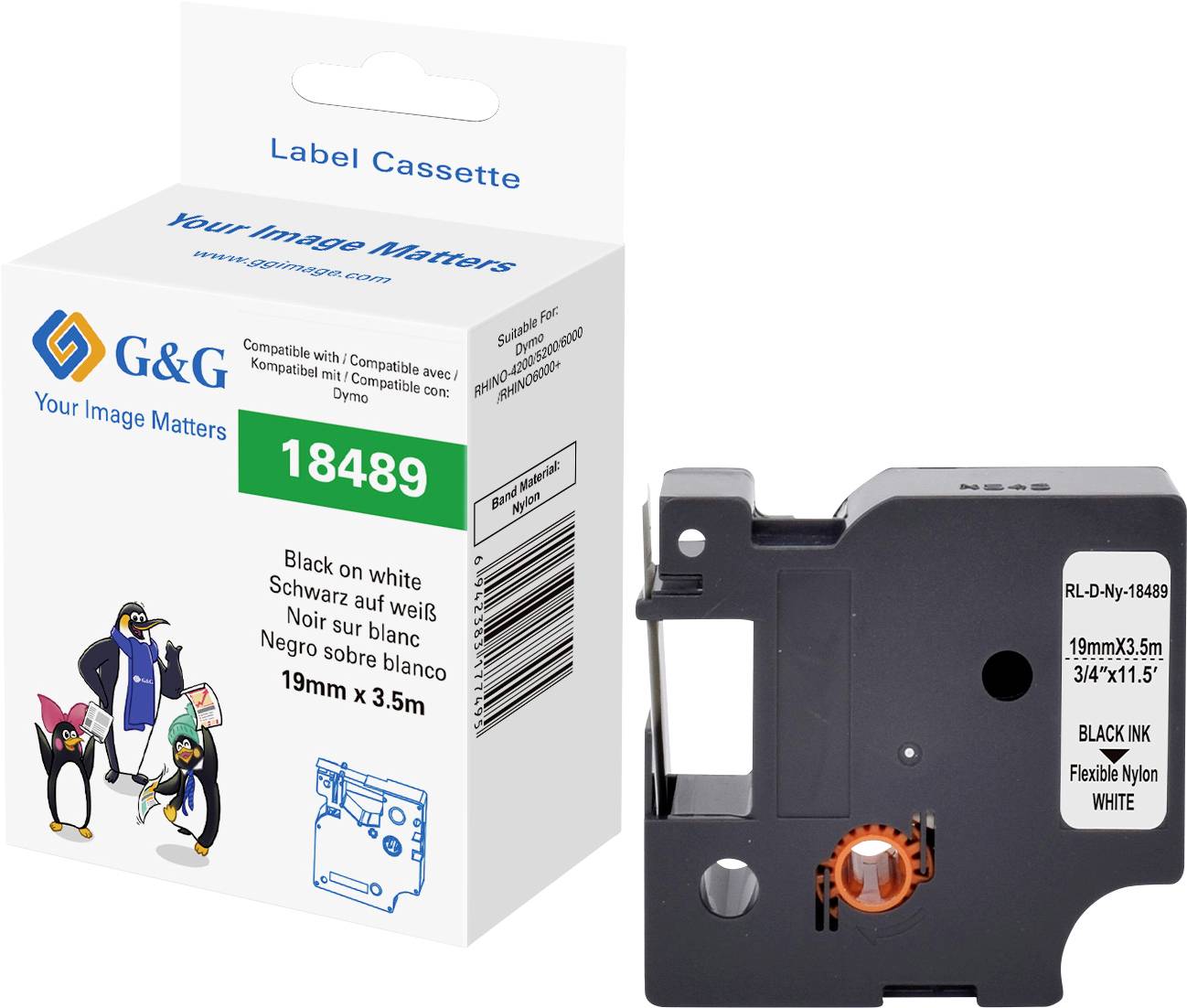 Cassette d'étiquettes '18489', 19 mm x 3,5 m, noir sur blanc, compatible avec Dymo, illustrée. L'emballage présente des pingouins de dessin animé.